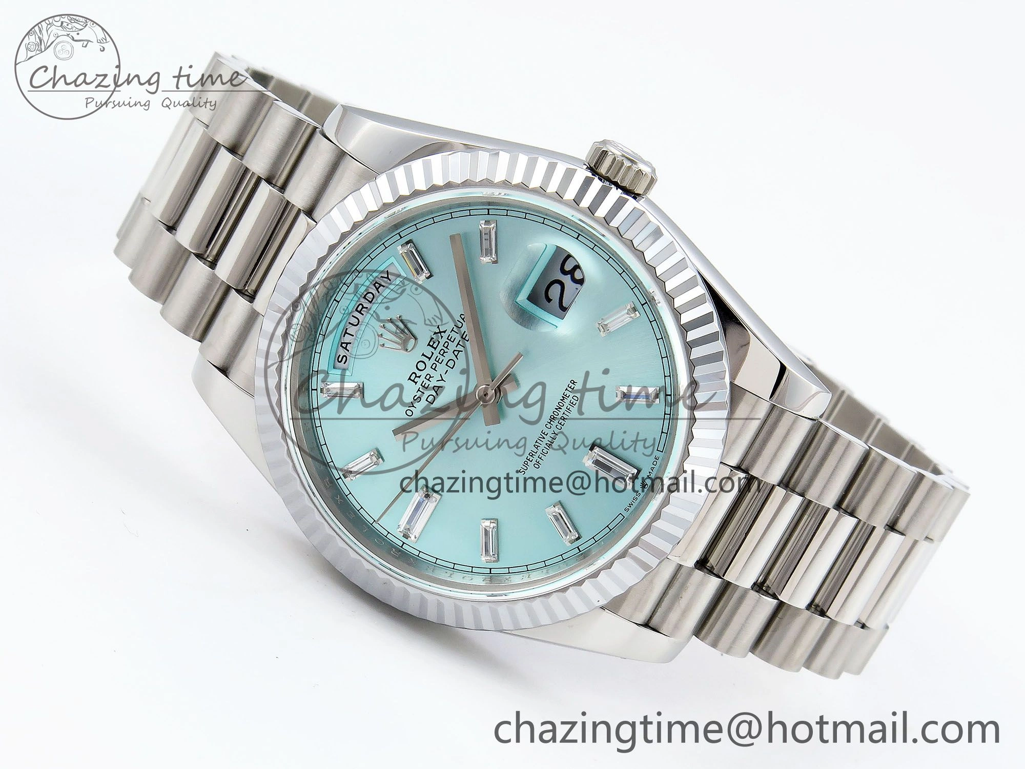 DayDate 40 SS JDF 904L Steel Ice Blue Crystal Dial on President Bracelet VR3255 V3 (Gain Weight)