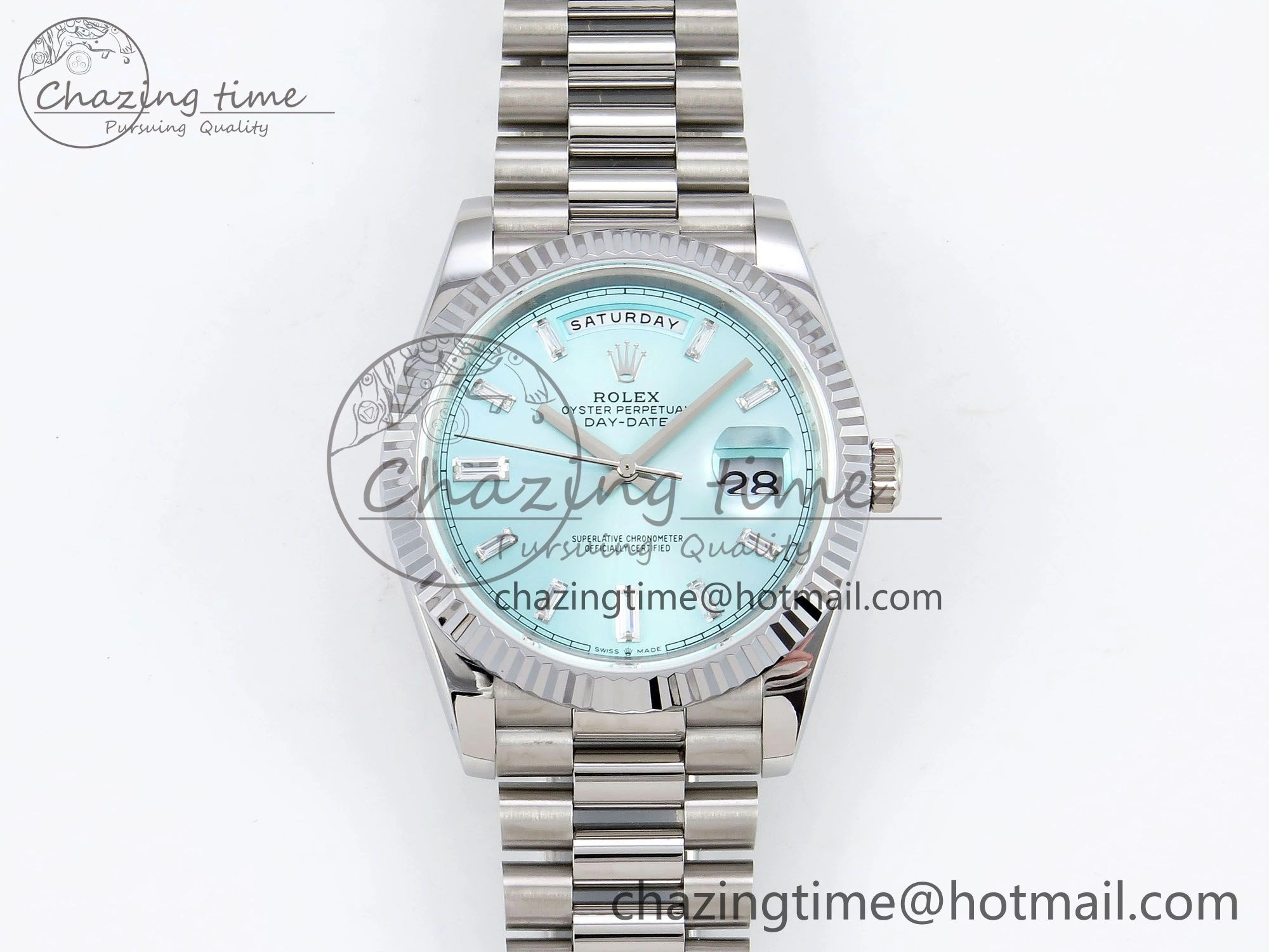 DayDate 40 SS JDF 904L Steel Ice Blue Crystal Dial on President Bracelet VR3255 V3 (Gain Weight)