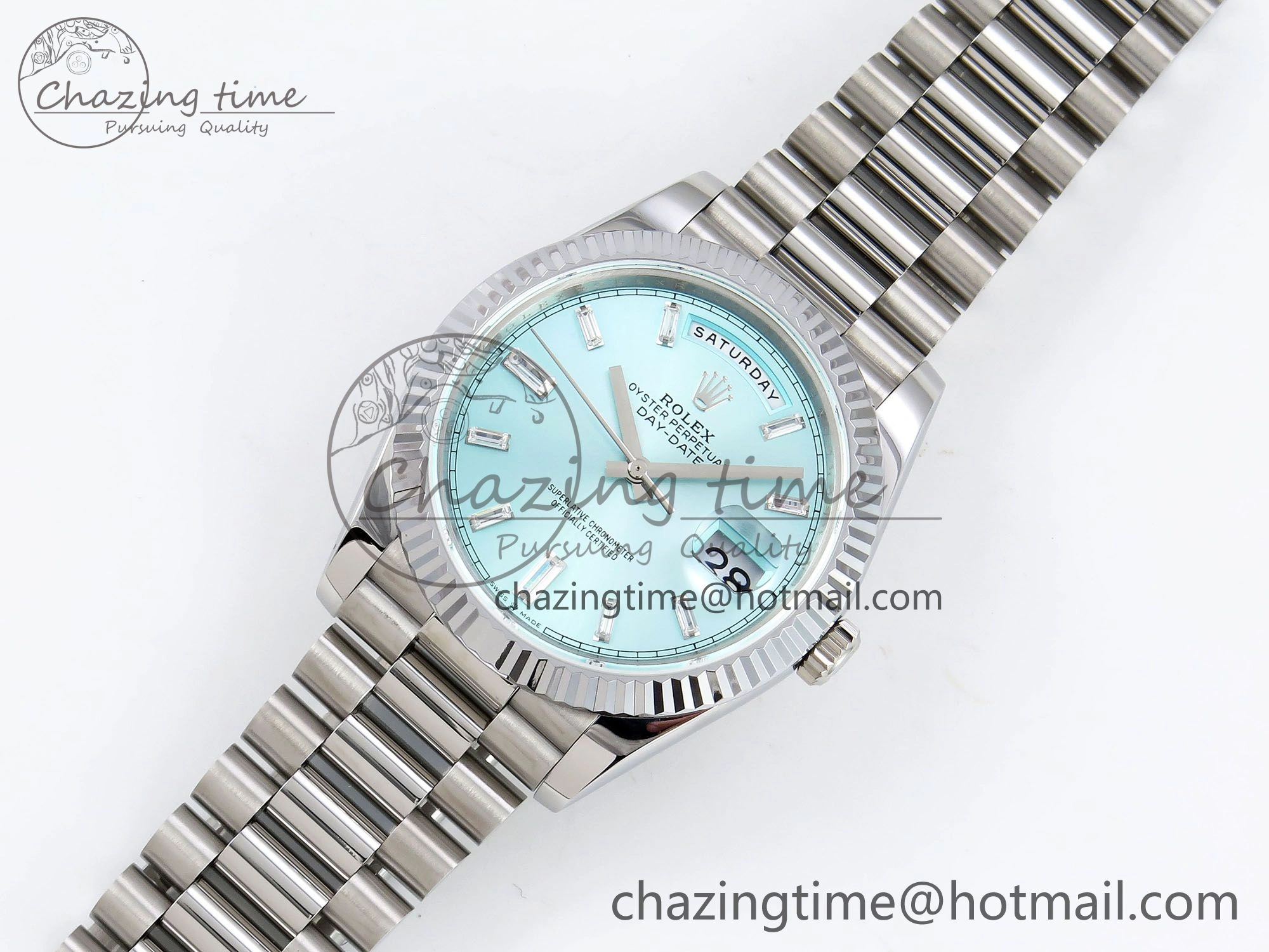 DayDate 40 SS JDF 904L Steel Ice Blue Crystal Dial on President Bracelet VR3255 V3 (Gain Weight)