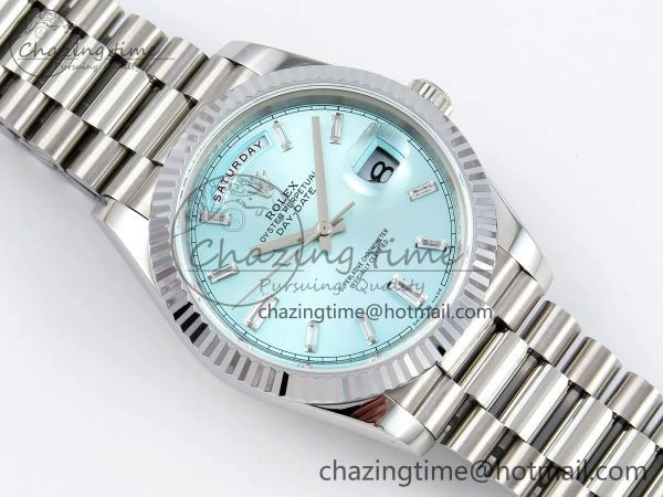DayDate 40 SS JDF 904L Steel Ice Blue Crystal Dial on President Bracelet VR3255 V3 (Gain Weight)