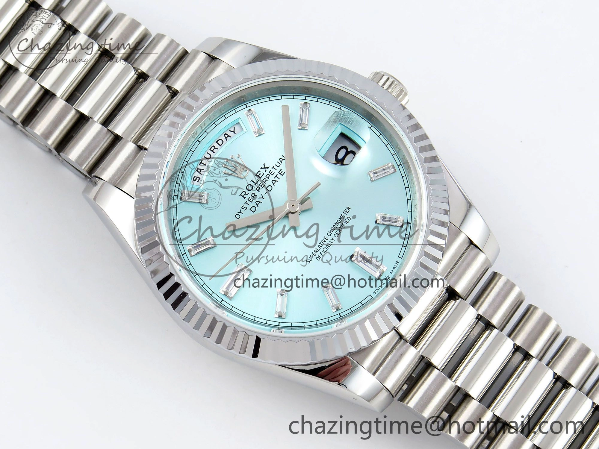 DayDate 40 SS JDF 904L Steel Ice Blue Crystal Dial on President Bracelet VR3255 V3 (Gain Weight)