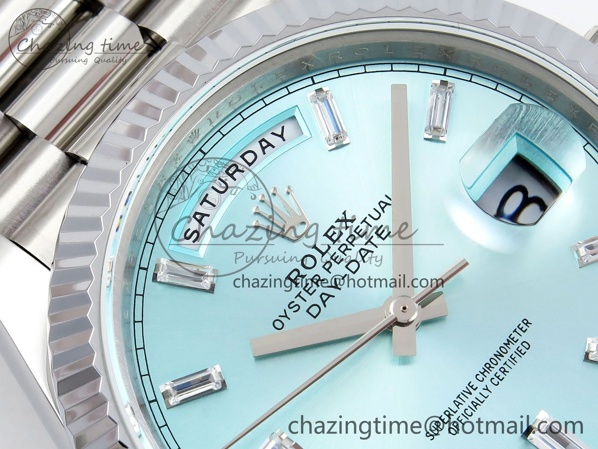 DayDate 40 SS JDF 904L Steel Ice Blue Crystal Dial on President Bracelet VR3255 V3 (Gain Weight)