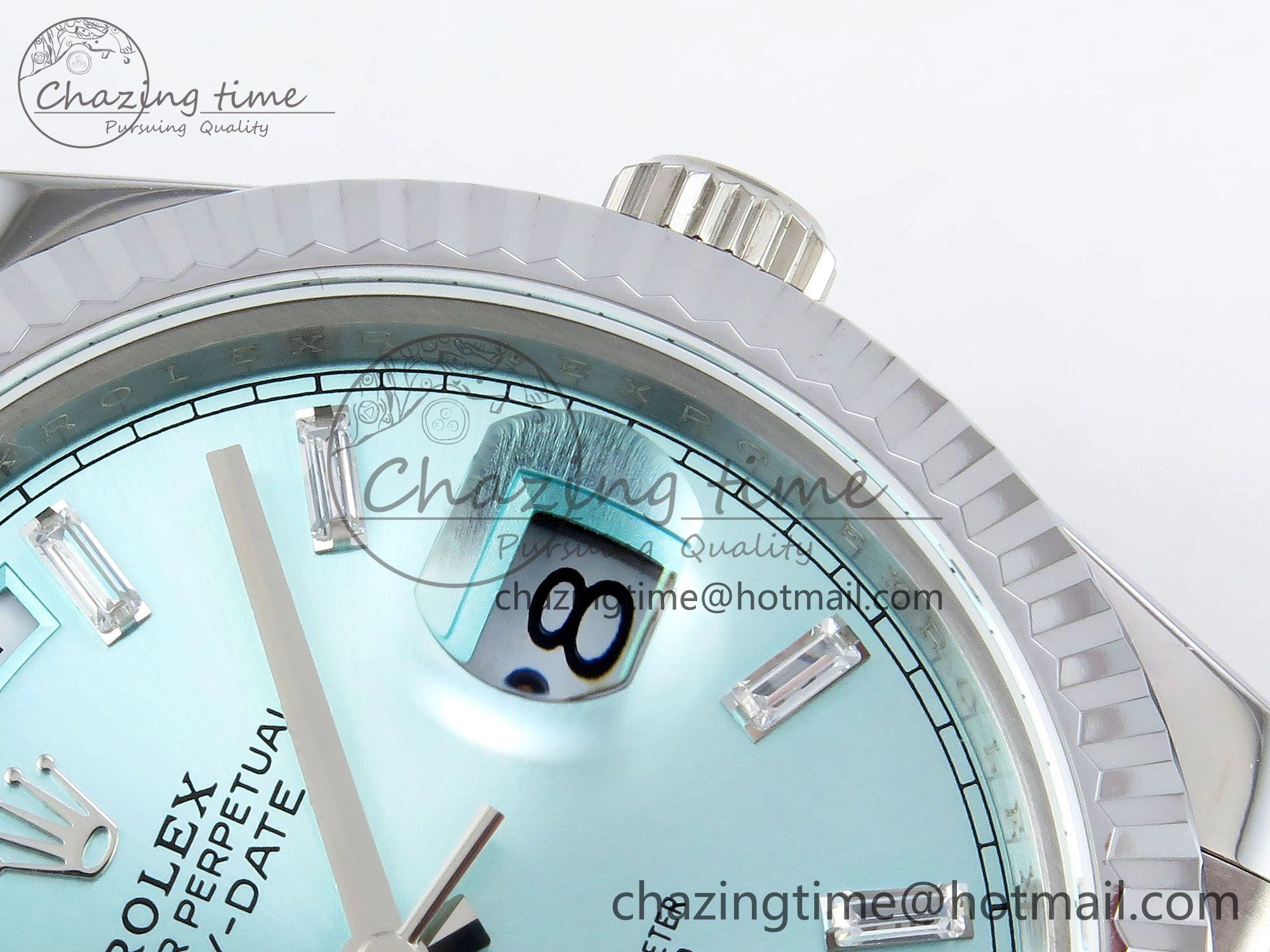 DayDate 40 SS JDF 904L Steel Ice Blue Crystal Dial on President Bracelet VR3255 V3 (Gain Weight)