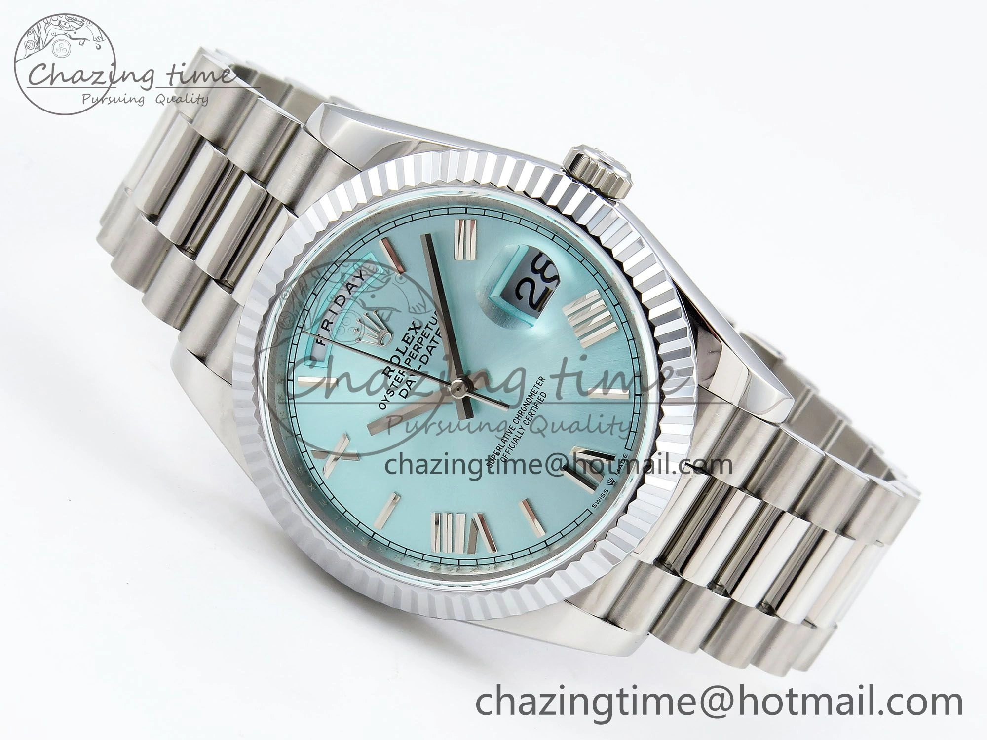 DayDate 40 SS JDF 904L Steel Ice Blue Roman Dial on President Bracelet VR3255 V3 (Gain Weight)