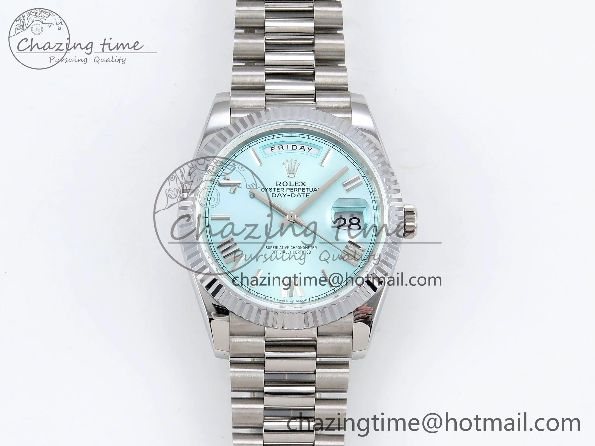 DayDate 40 SS JDF 904L Steel Ice Blue Roman Dial on President Bracelet VR3255 V3 (Gain Weight)
