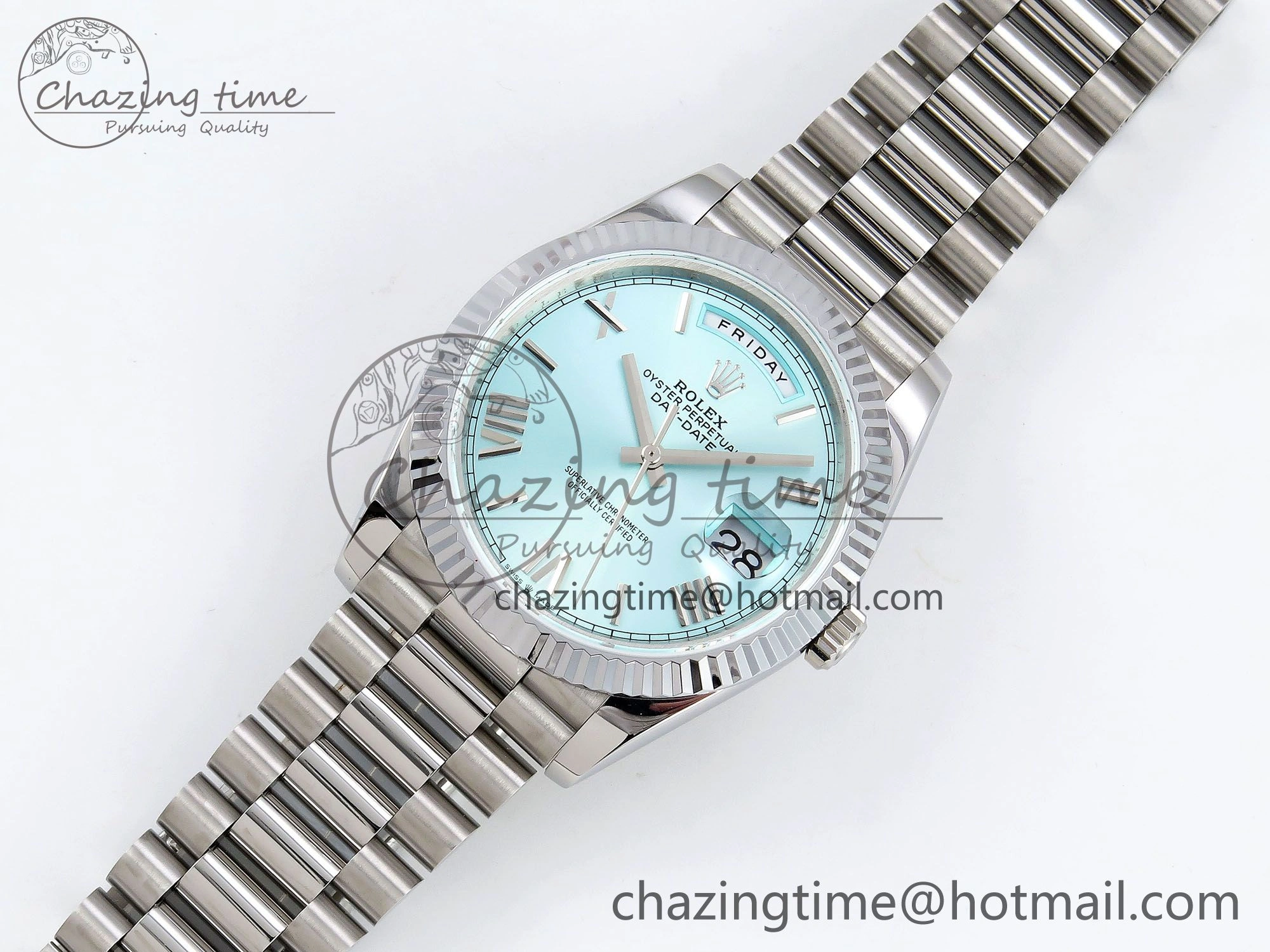 DayDate 40 SS JDF 904L Steel Ice Blue Roman Dial on President Bracelet VR3255 V3 (Gain Weight)