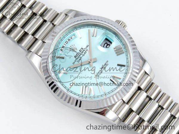 DayDate 40 SS JDF 904L Steel Ice Blue Roman Dial on President Bracelet VR3255 V3 (Gain Weight)