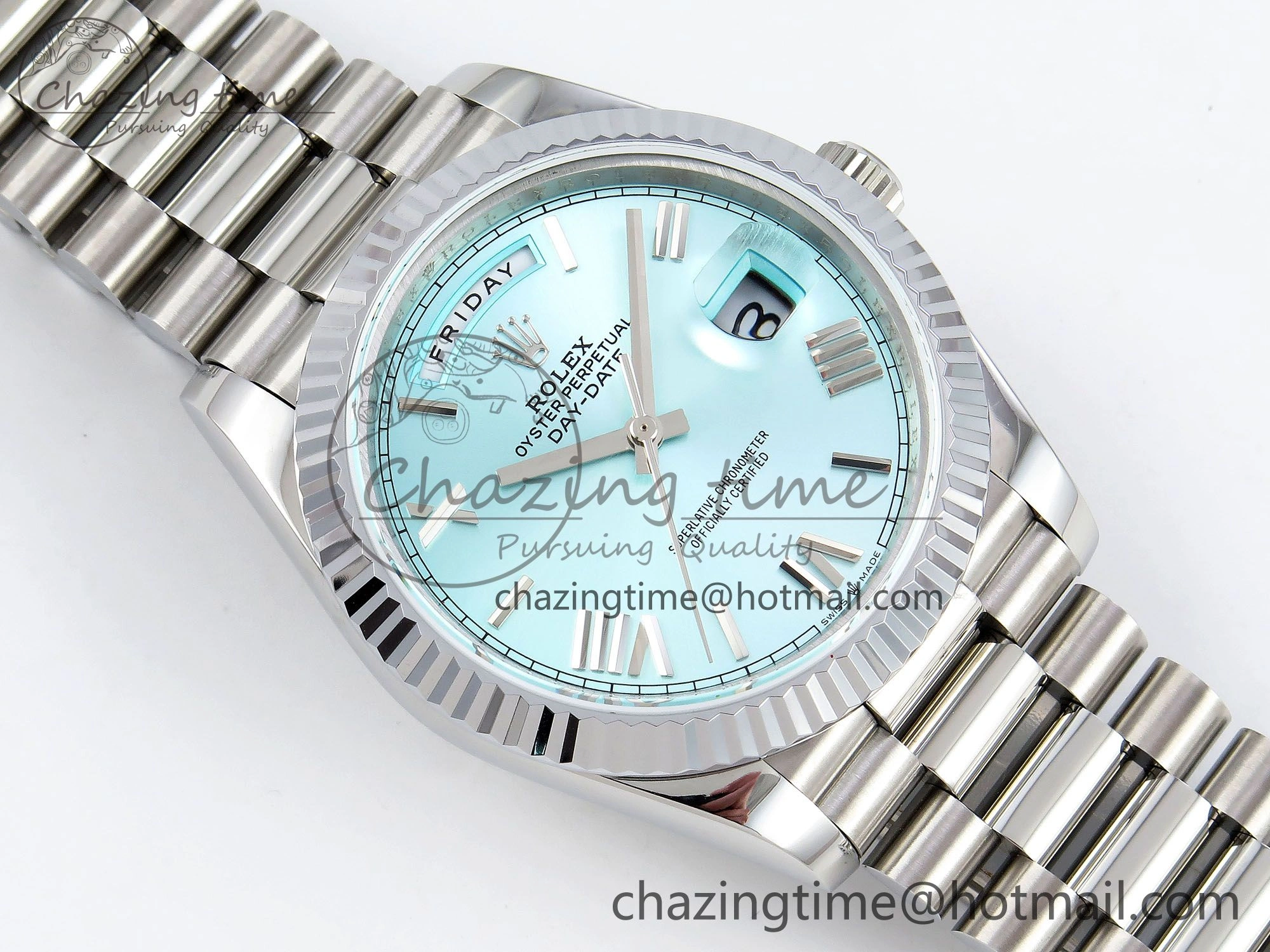 DayDate 40 SS JDF 904L Steel Ice Blue Roman Dial on President Bracelet VR3255 V3 (Gain Weight)