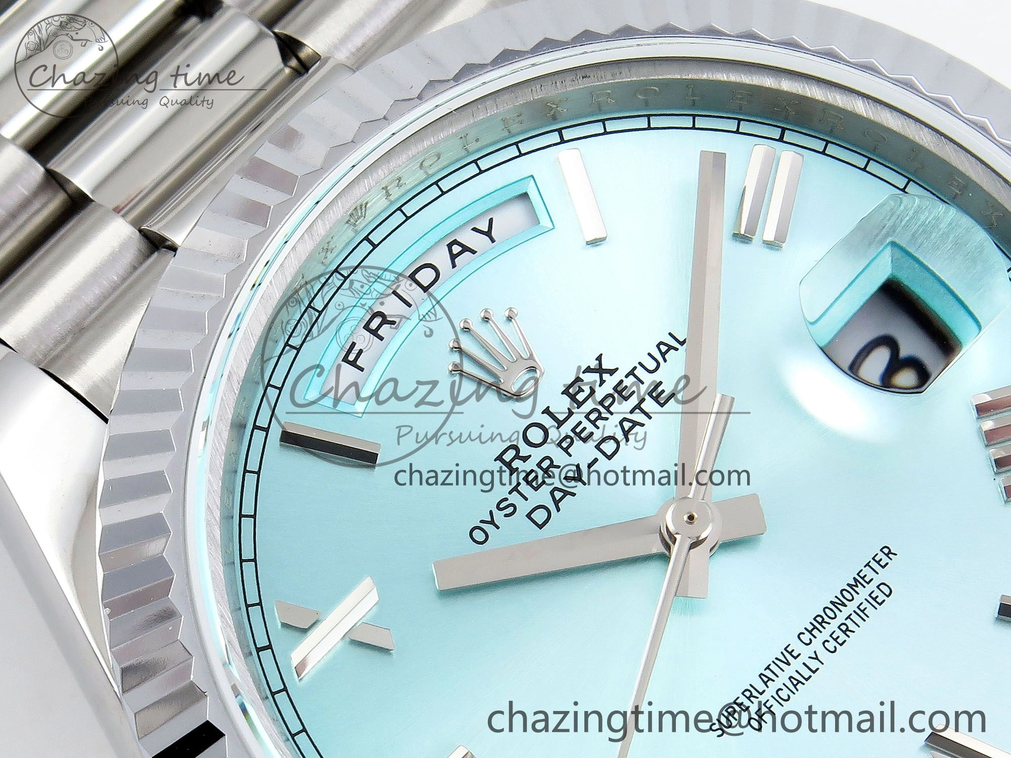 DayDate 40 SS JDF 904L Steel Ice Blue Roman Dial on President Bracelet VR3255 V3 (Gain Weight)