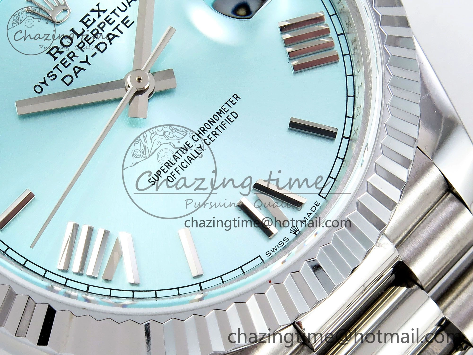 DayDate 40 SS JDF 904L Steel Ice Blue Roman Dial on President Bracelet VR3255 V3 (Gain Weight)