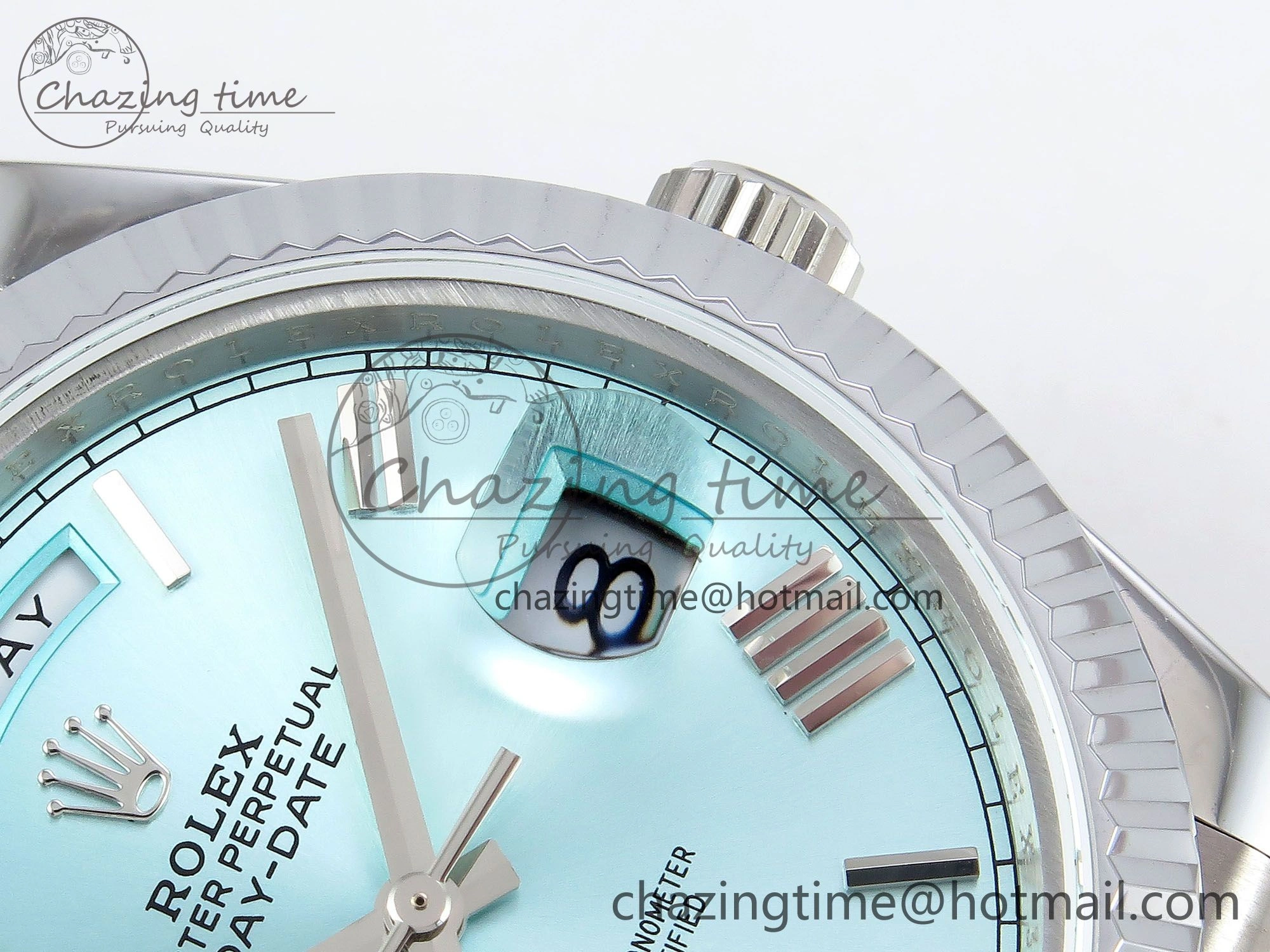 DayDate 40 SS JDF 904L Steel Ice Blue Roman Dial on President Bracelet VR3255 V3 (Gain Weight)
