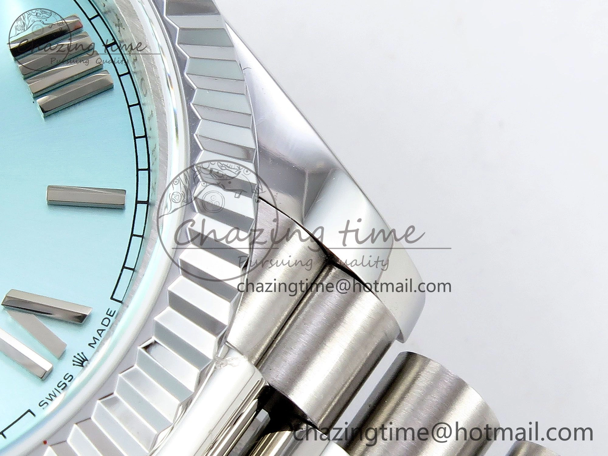 DayDate 40 SS JDF 904L Steel Ice Blue Roman Dial on President Bracelet VR3255 V3 (Gain Weight)