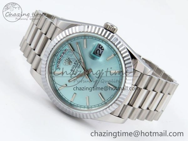 DayDate 40 SS JDF 904L Steel Ice Blue Stick Dial on President Bracelet VR3255 V3 (Gain Weight)