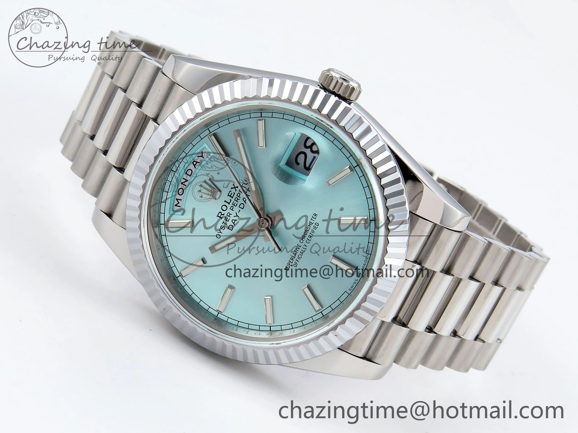 DayDate 40 SS JDF 904L Steel Ice Blue Stick Dial on President Bracelet VR3255 V3 (Gain Weight)