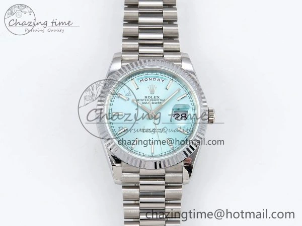 DayDate 40 SS JDF 904L Steel Ice Blue Stick Dial on President Bracelet VR3255 V3 (Gain Weight)