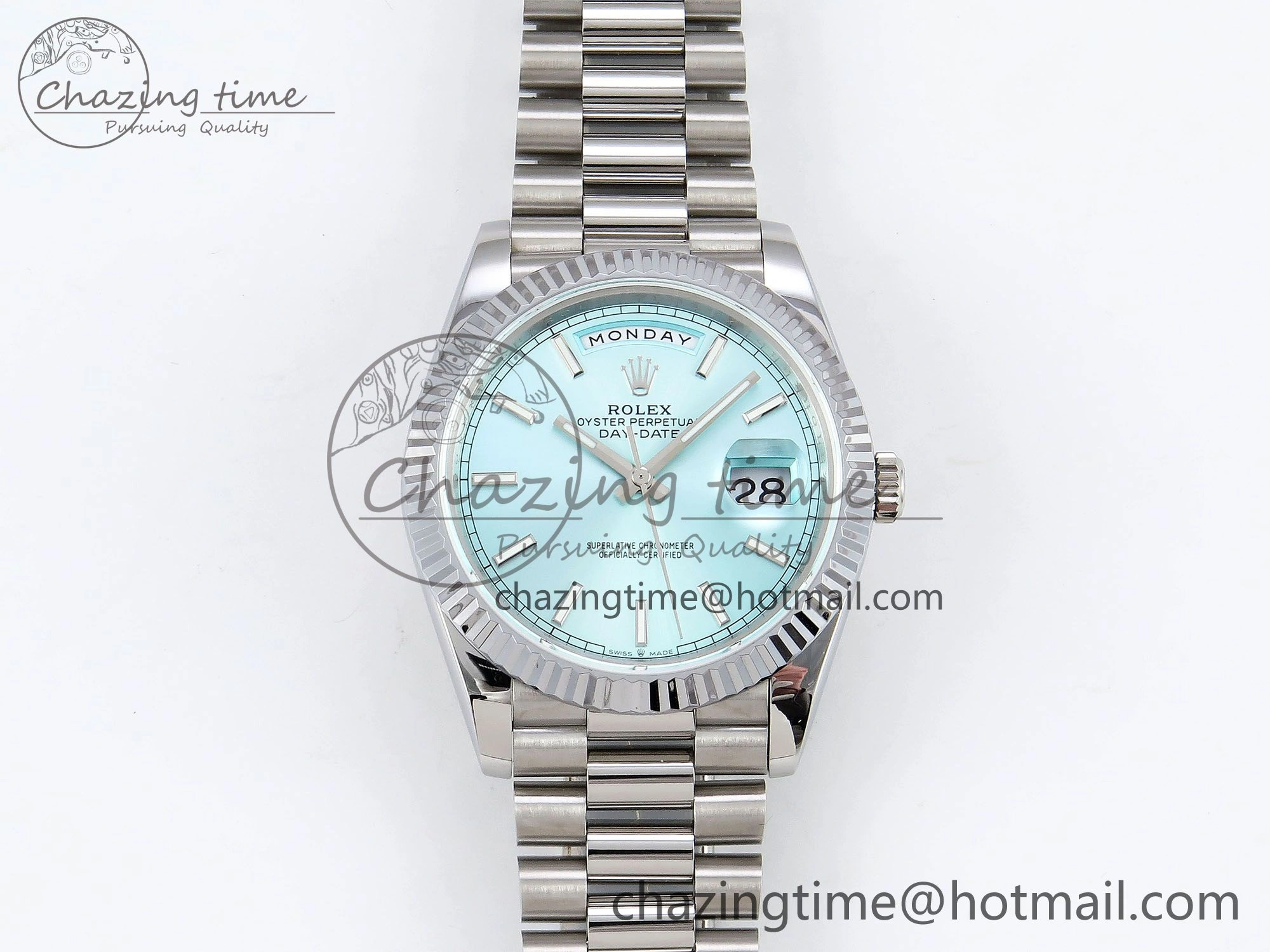 DayDate 40 SS JDF 904L Steel Ice Blue Stick Dial on President Bracelet VR3255 V3 (Gain Weight)