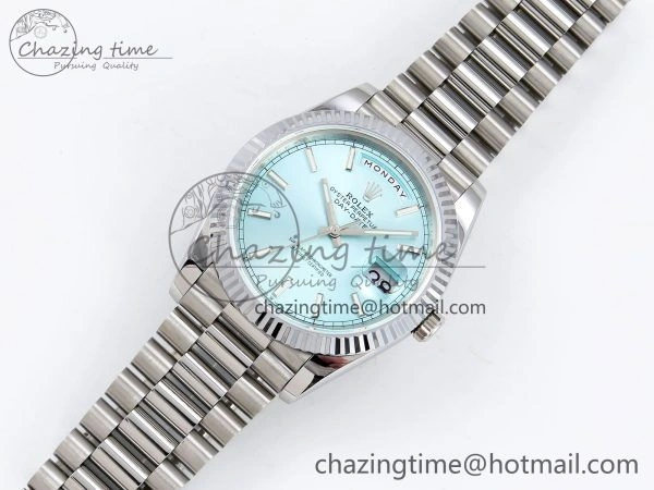 DayDate 40 SS JDF 904L Steel Ice Blue Stick Dial on President Bracelet VR3255 V3 (Gain Weight)