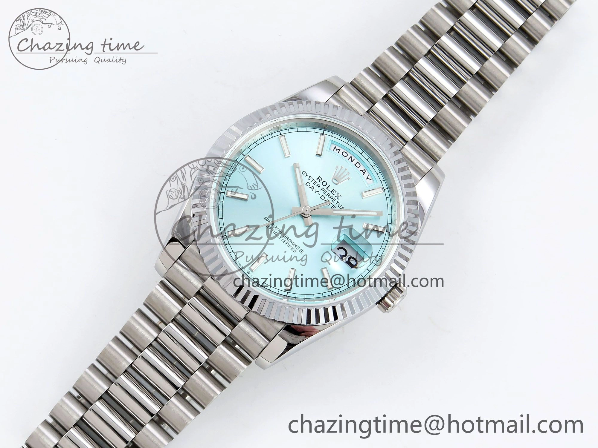 DayDate 40 SS JDF 904L Steel Ice Blue Stick Dial on President Bracelet VR3255 V3 (Gain Weight)