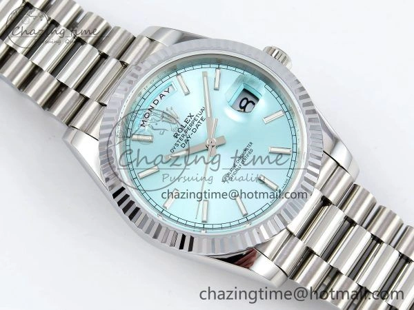 DayDate 40 SS JDF 904L Steel Ice Blue Stick Dial on President Bracelet VR3255 V3 (Gain Weight)