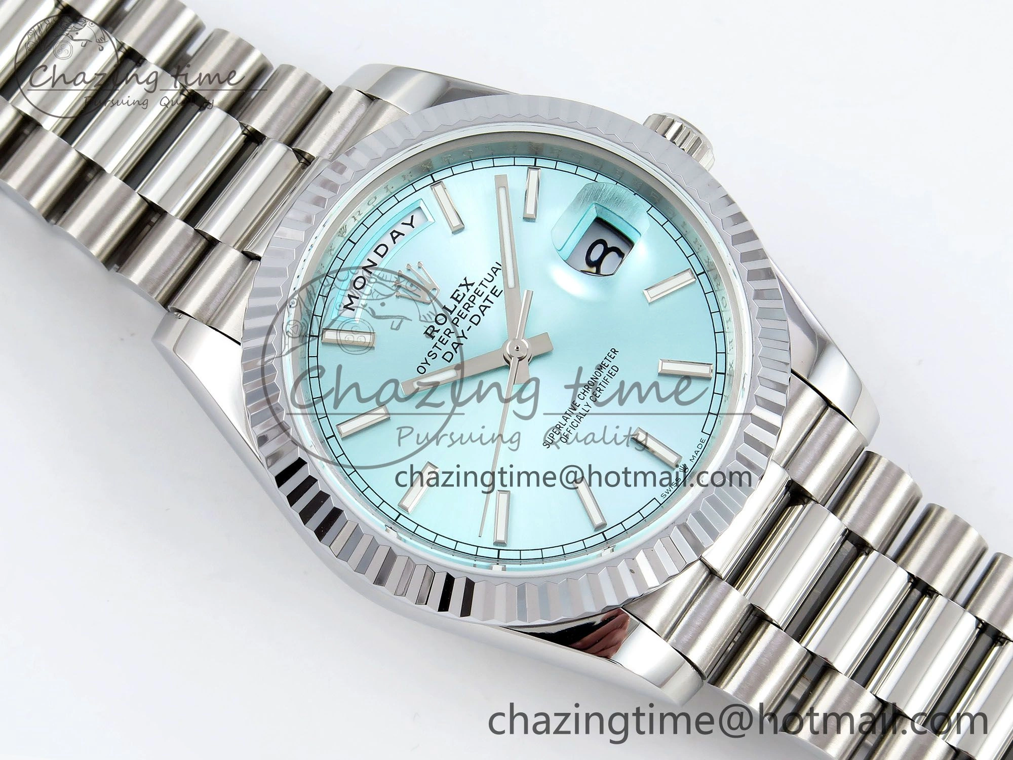 DayDate 40 SS JDF 904L Steel Ice Blue Stick Dial on President Bracelet VR3255 V3 (Gain Weight)