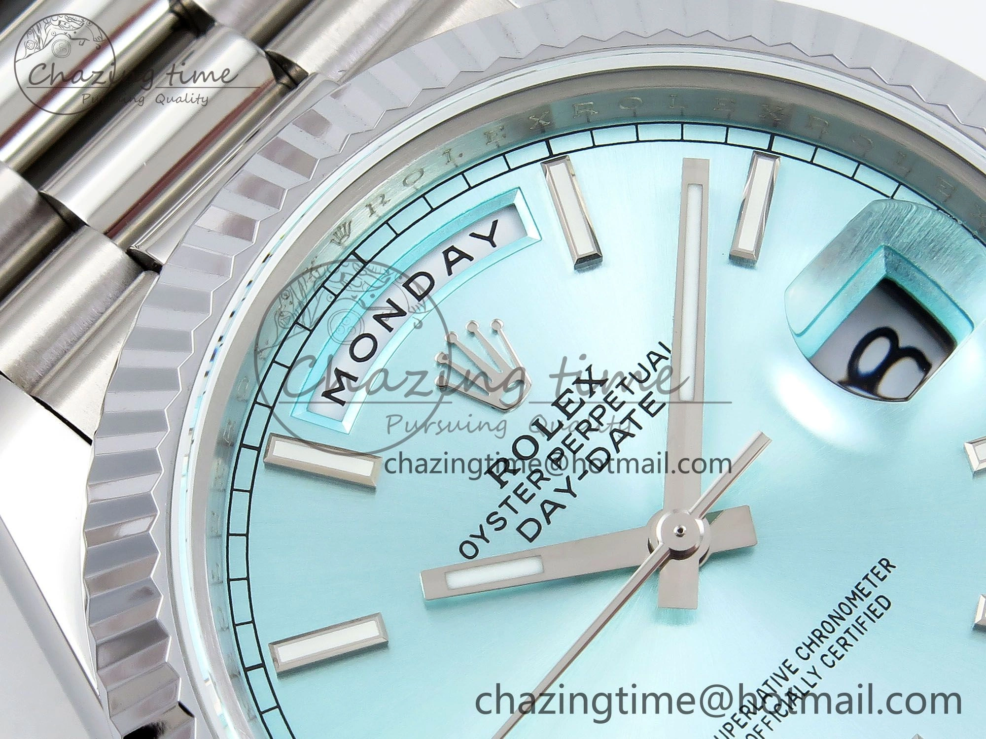 DayDate 40 SS JDF 904L Steel Ice Blue Stick Dial on President Bracelet VR3255 V3 (Gain Weight)