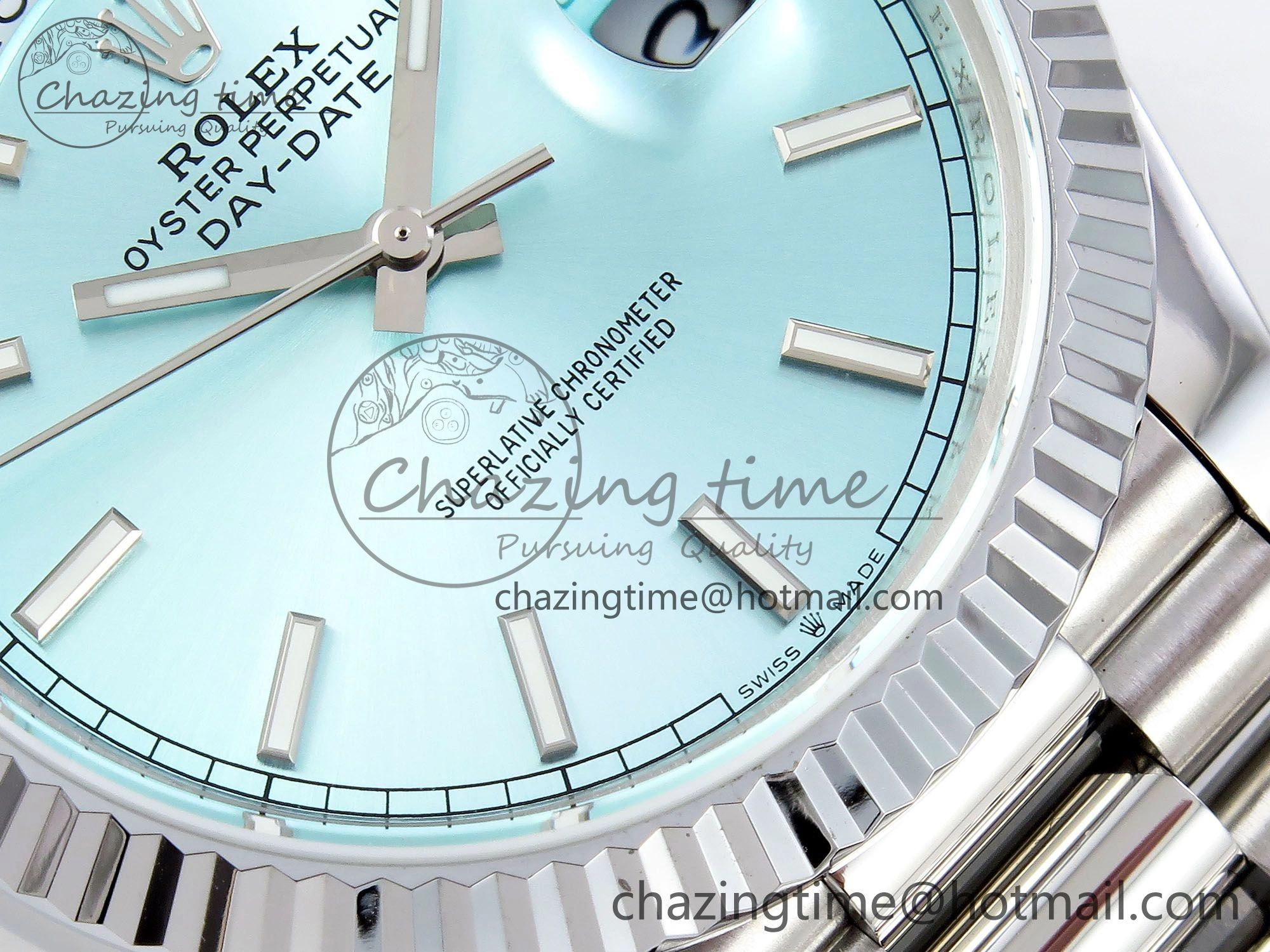 DayDate 40 SS JDF 904L Steel Ice Blue Stick Dial on President Bracelet VR3255 V3 (Gain Weight)