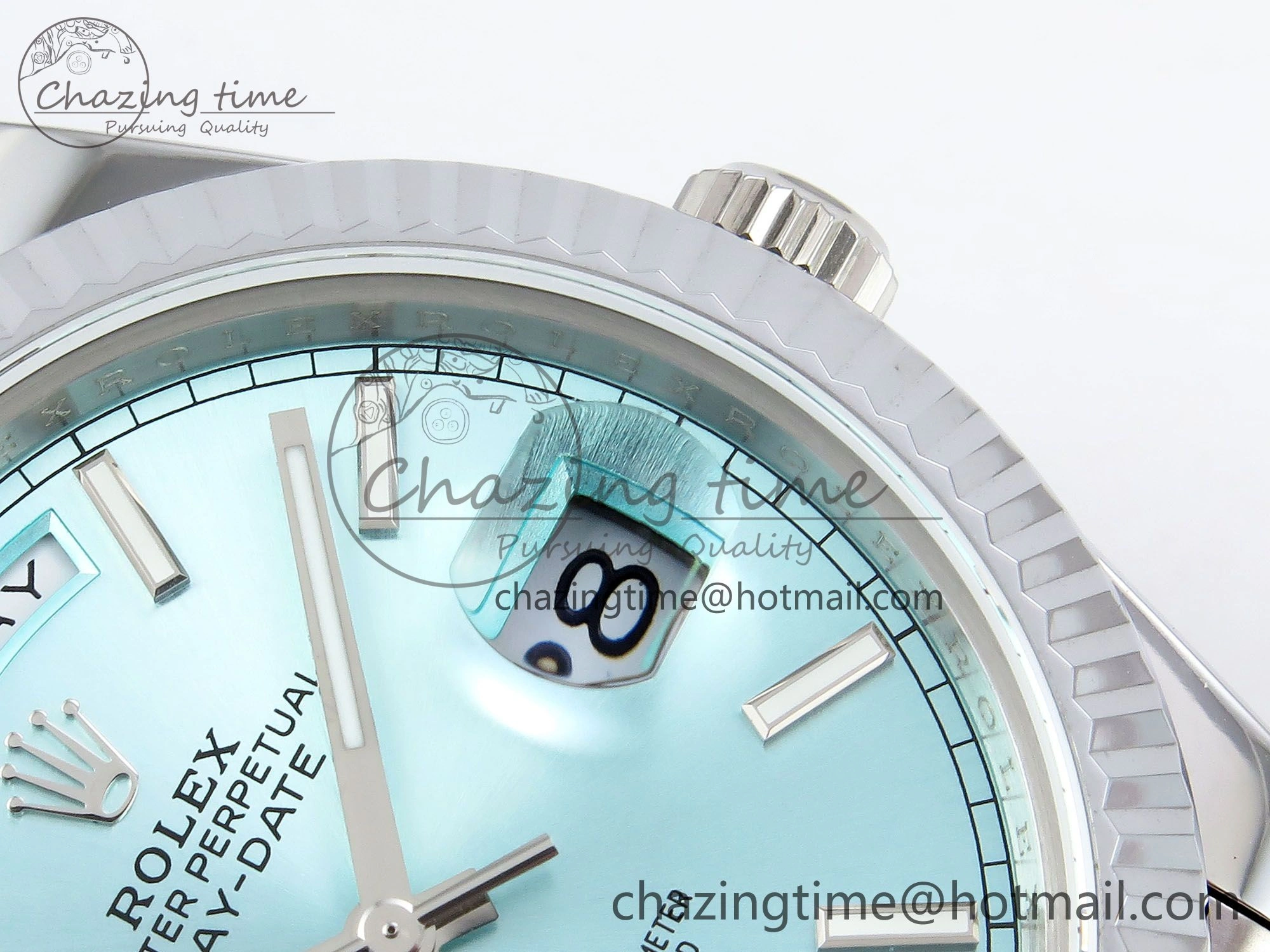 DayDate 40 SS JDF 904L Steel Ice Blue Stick Dial on President Bracelet VR3255 V3 (Gain Weight)