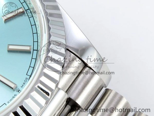 DayDate 40 SS JDF 904L Steel Ice Blue Stick Dial on President Bracelet VR3255 V3 (Gain Weight)