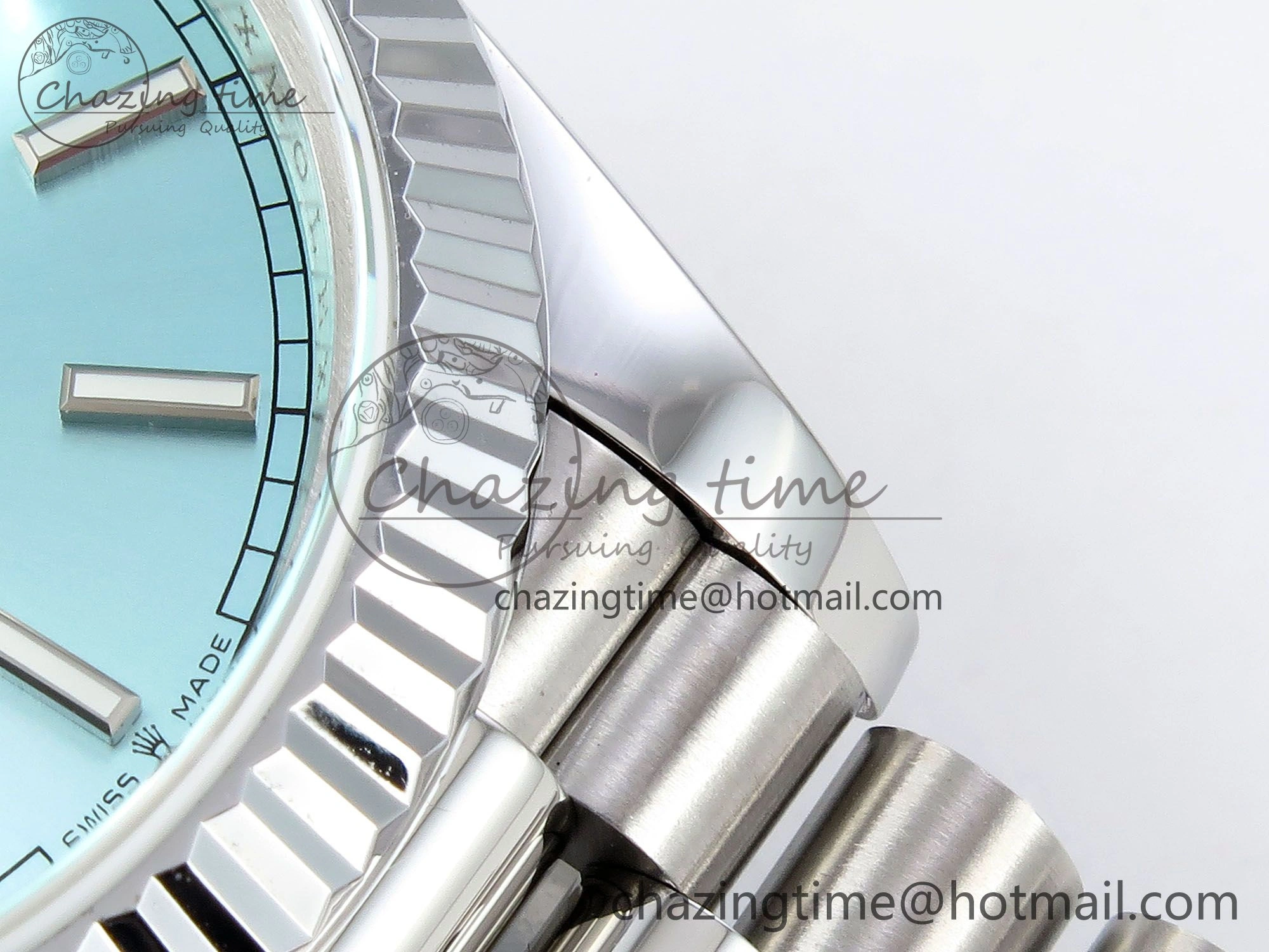 DayDate 40 SS JDF 904L Steel Ice Blue Stick Dial on President Bracelet VR3255 V3 (Gain Weight)