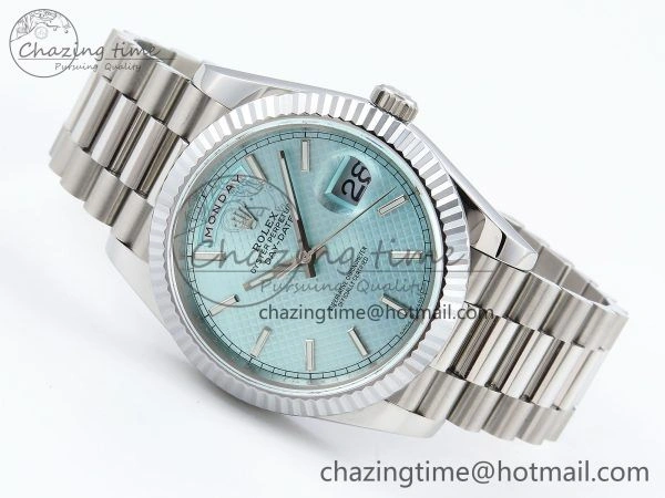 DayDate 40 SS JDF 904L Steel Ice Blue Textured Dial on President Bracelet VR3255 V3 (Gain Weight)