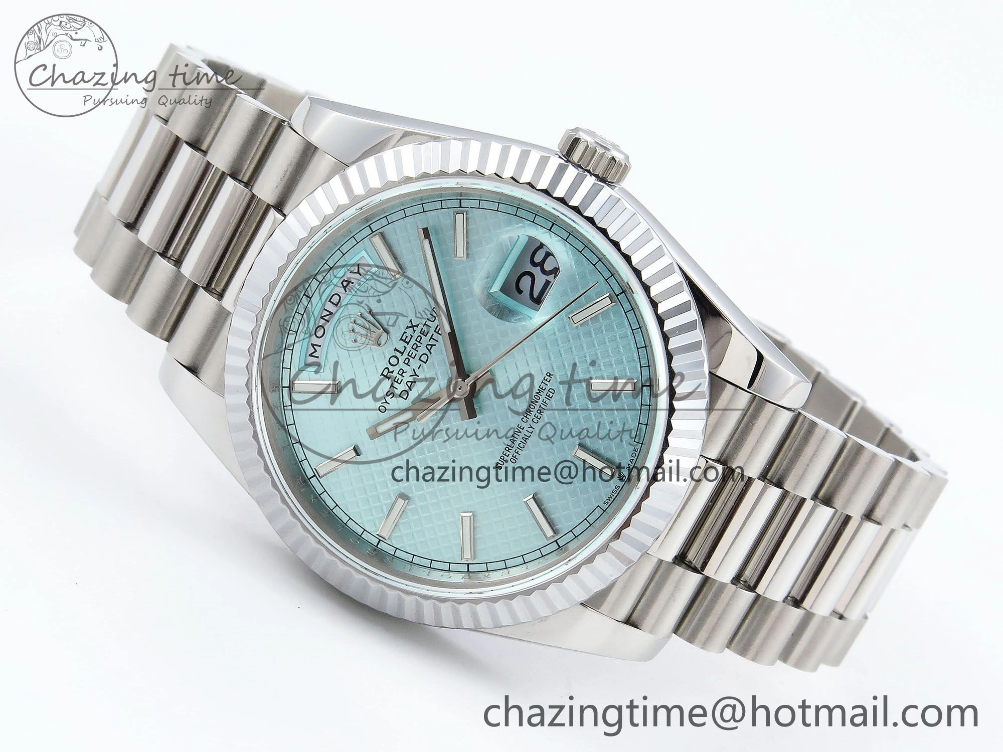 DayDate 40 SS JDF 904L Steel Ice Blue Textured Dial on President Bracelet VR3255 V3 (Gain Weight)