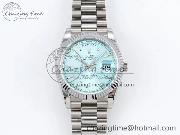 DayDate 40 SS JDF 904L Steel Ice Blue Textured Dial on President Bracelet VR3255 V3 (Gain Weight)