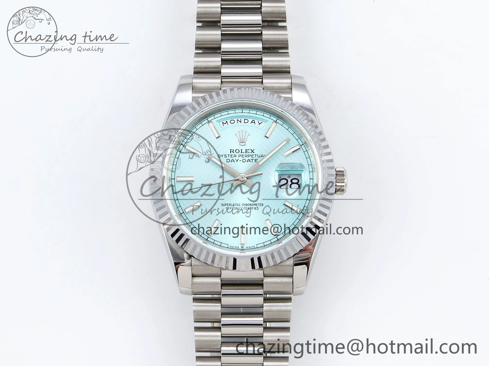 DayDate 40 SS JDF 904L Steel Ice Blue Textured Dial on President Bracelet VR3255 V3 (Gain Weight)