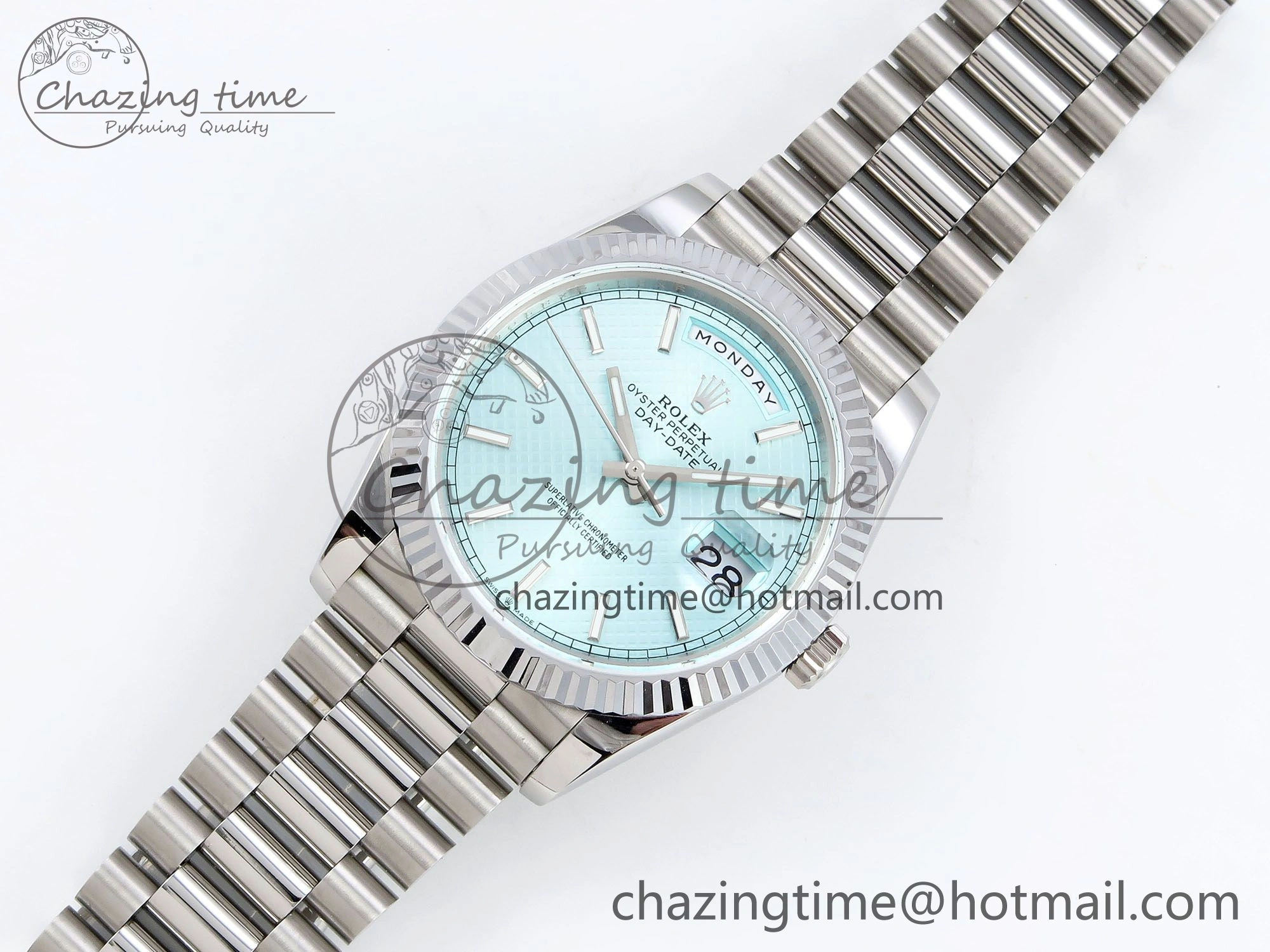 DayDate 40 SS JDF 904L Steel Ice Blue Textured Dial on President Bracelet VR3255 V3 (Gain Weight)