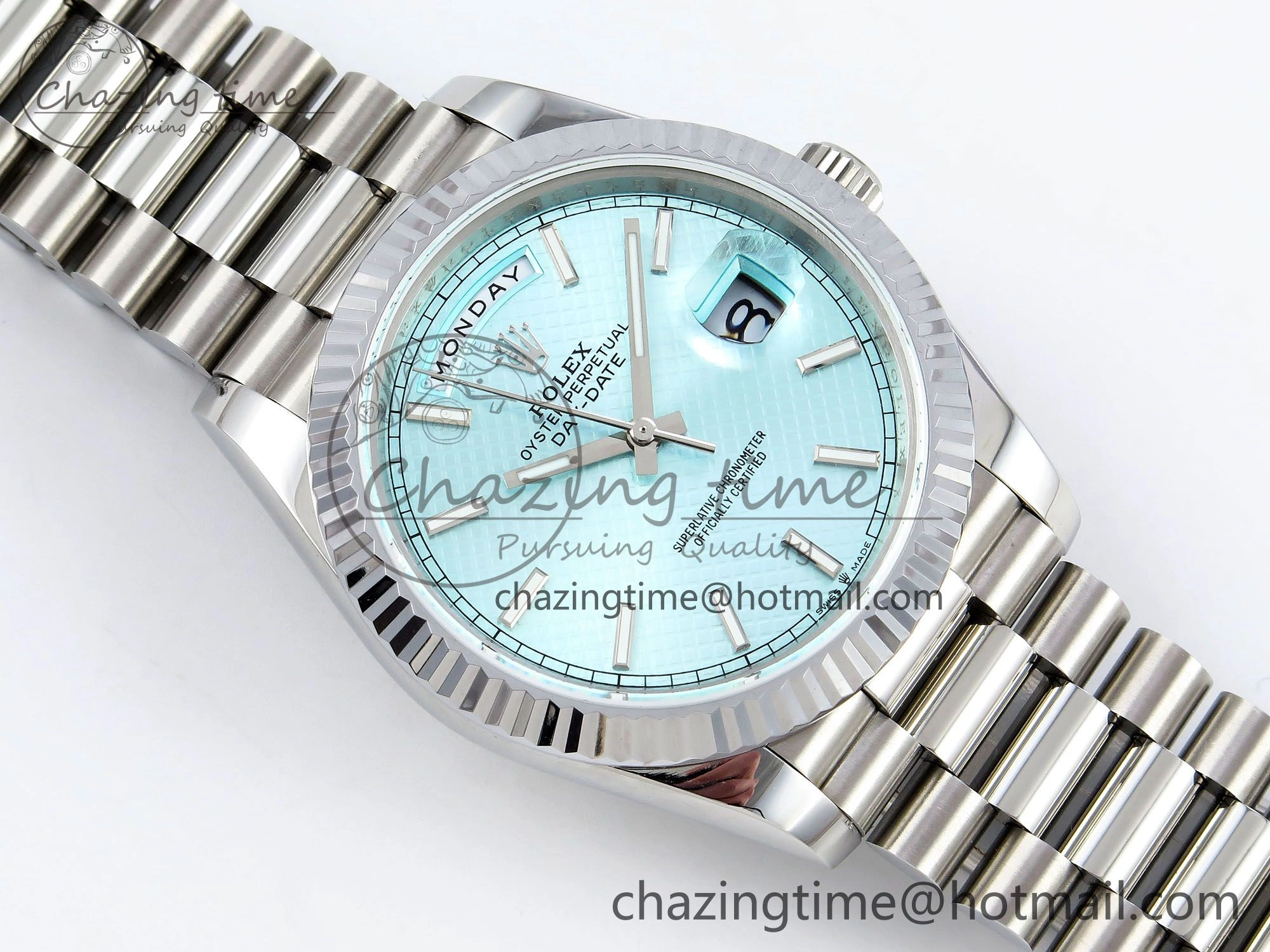 DayDate 40 SS JDF 904L Steel Ice Blue Textured Dial on President Bracelet VR3255 V3 (Gain Weight)