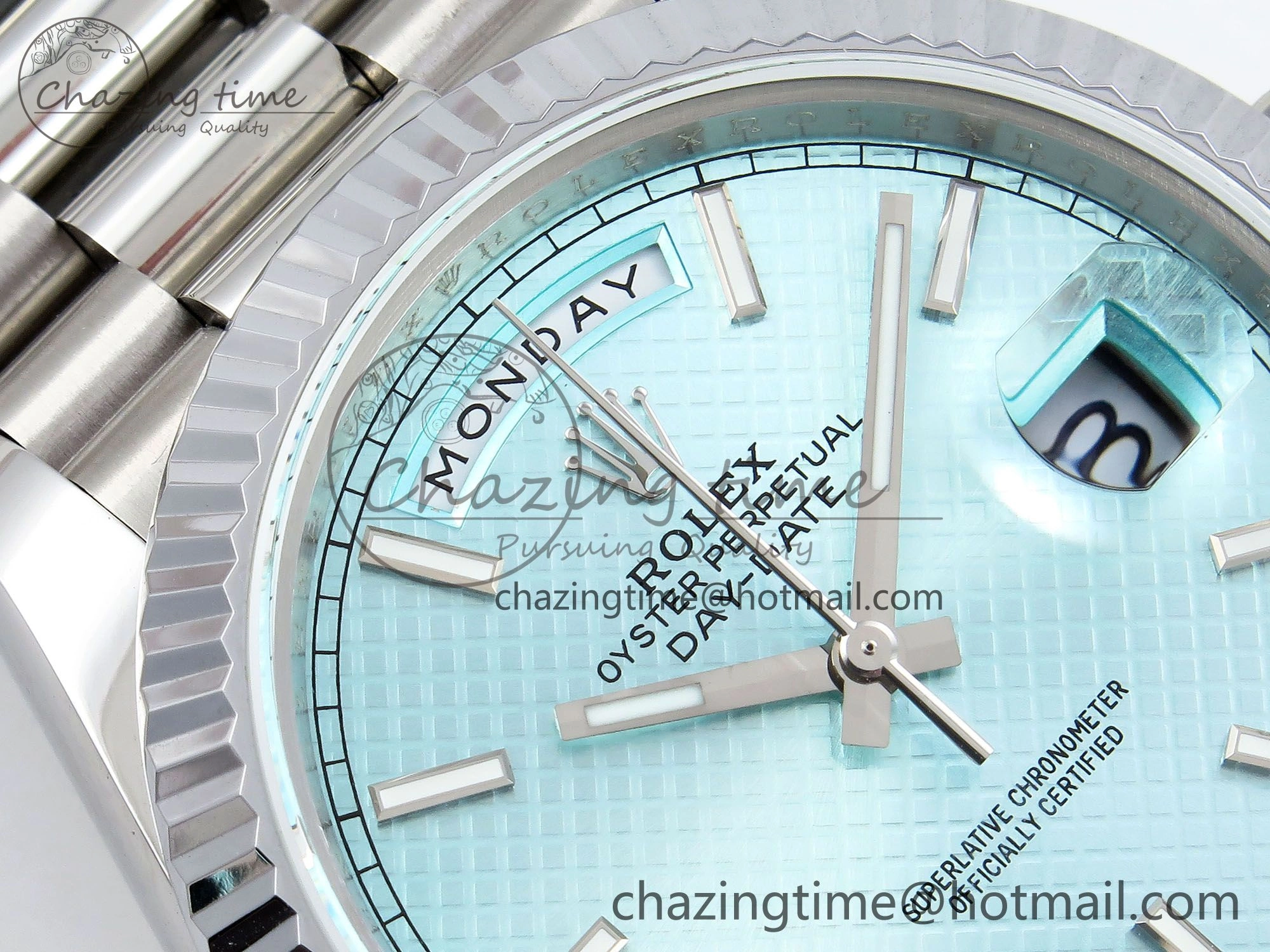 DayDate 40 SS JDF 904L Steel Ice Blue Textured Dial on President Bracelet VR3255 V3 (Gain Weight)