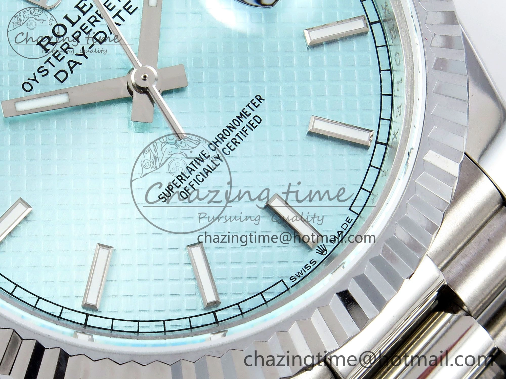 DayDate 40 SS JDF 904L Steel Ice Blue Textured Dial on President Bracelet VR3255 V3 (Gain Weight)