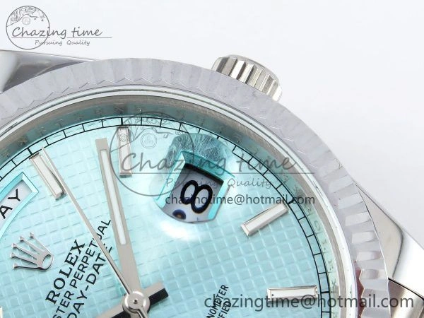 DayDate 40 SS JDF 904L Steel Ice Blue Textured Dial on President Bracelet VR3255 V3 (Gain Weight)