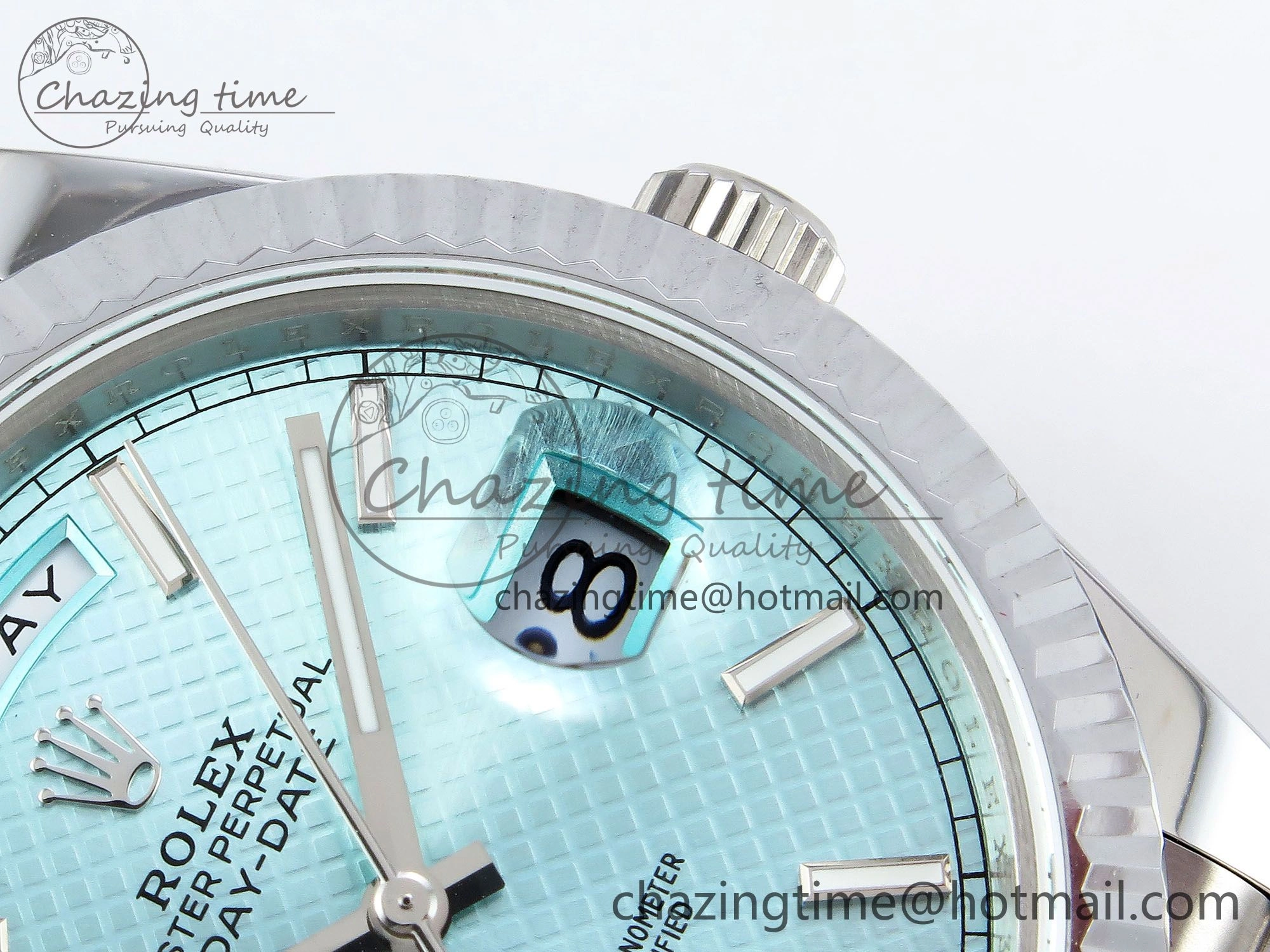 DayDate 40 SS JDF 904L Steel Ice Blue Textured Dial on President Bracelet VR3255 V3 (Gain Weight)