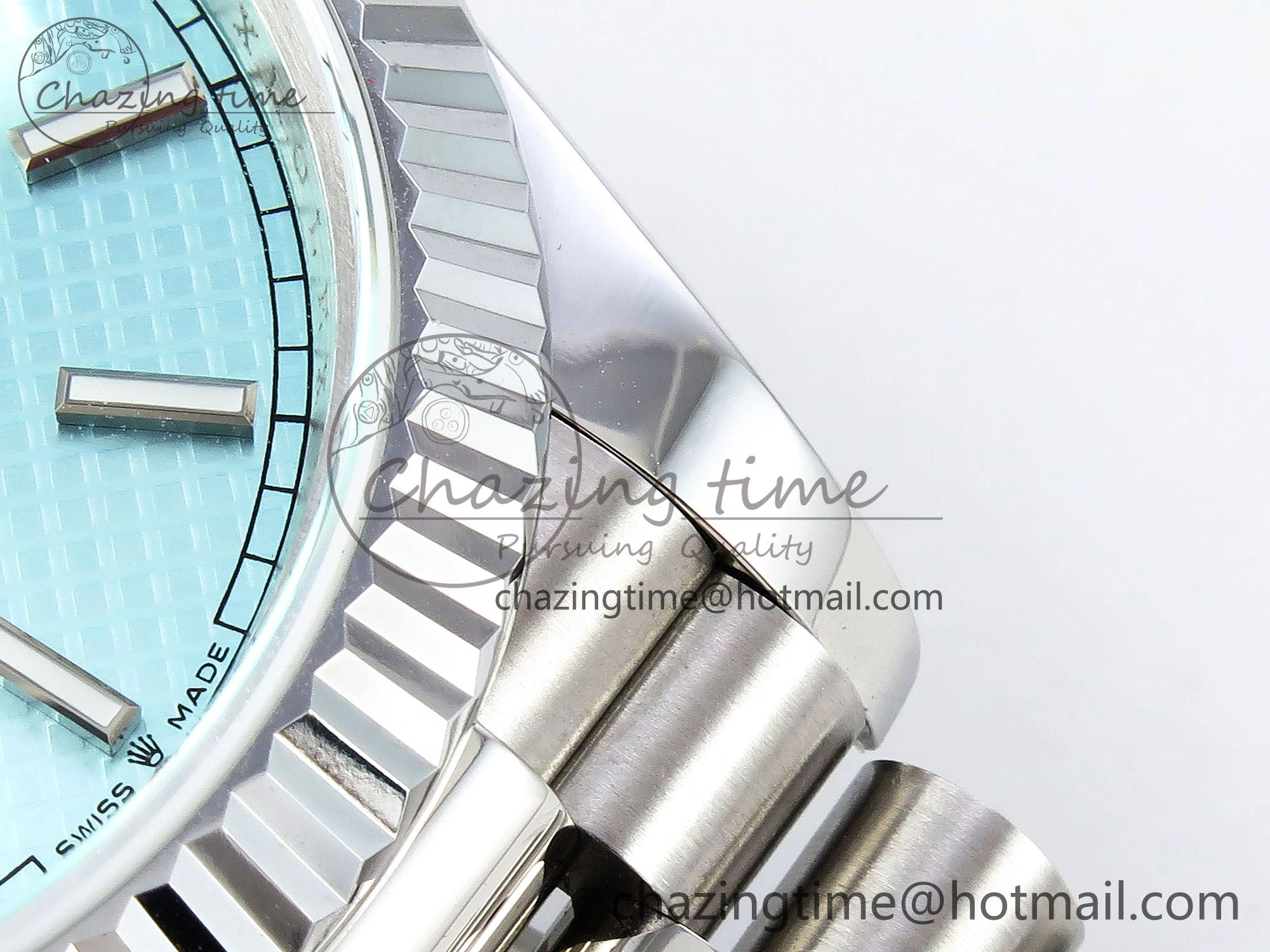 DayDate 40 SS JDF 904L Steel Ice Blue Textured Dial on President Bracelet VR3255 V3 (Gain Weight)