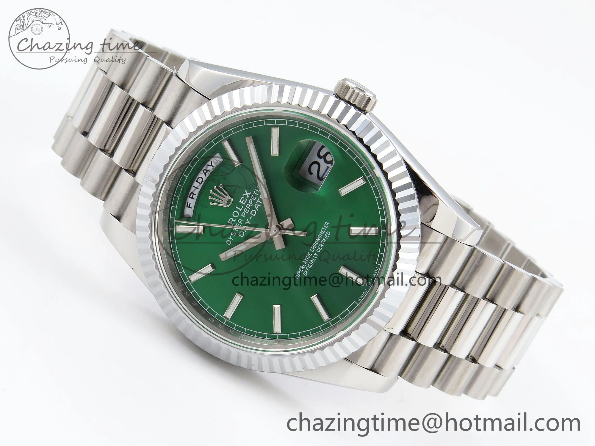 DayDate 40 SS JDF 904L Steel Light Green Stick Dial on President Bracelet VR3255 V3 (Gain Weight)