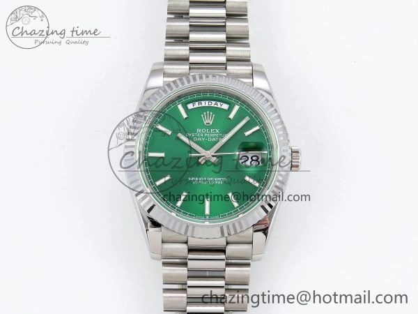 DayDate 40 SS JDF 904L Steel Light Green Stick Dial on President Bracelet VR3255 V3 (Gain Weight)