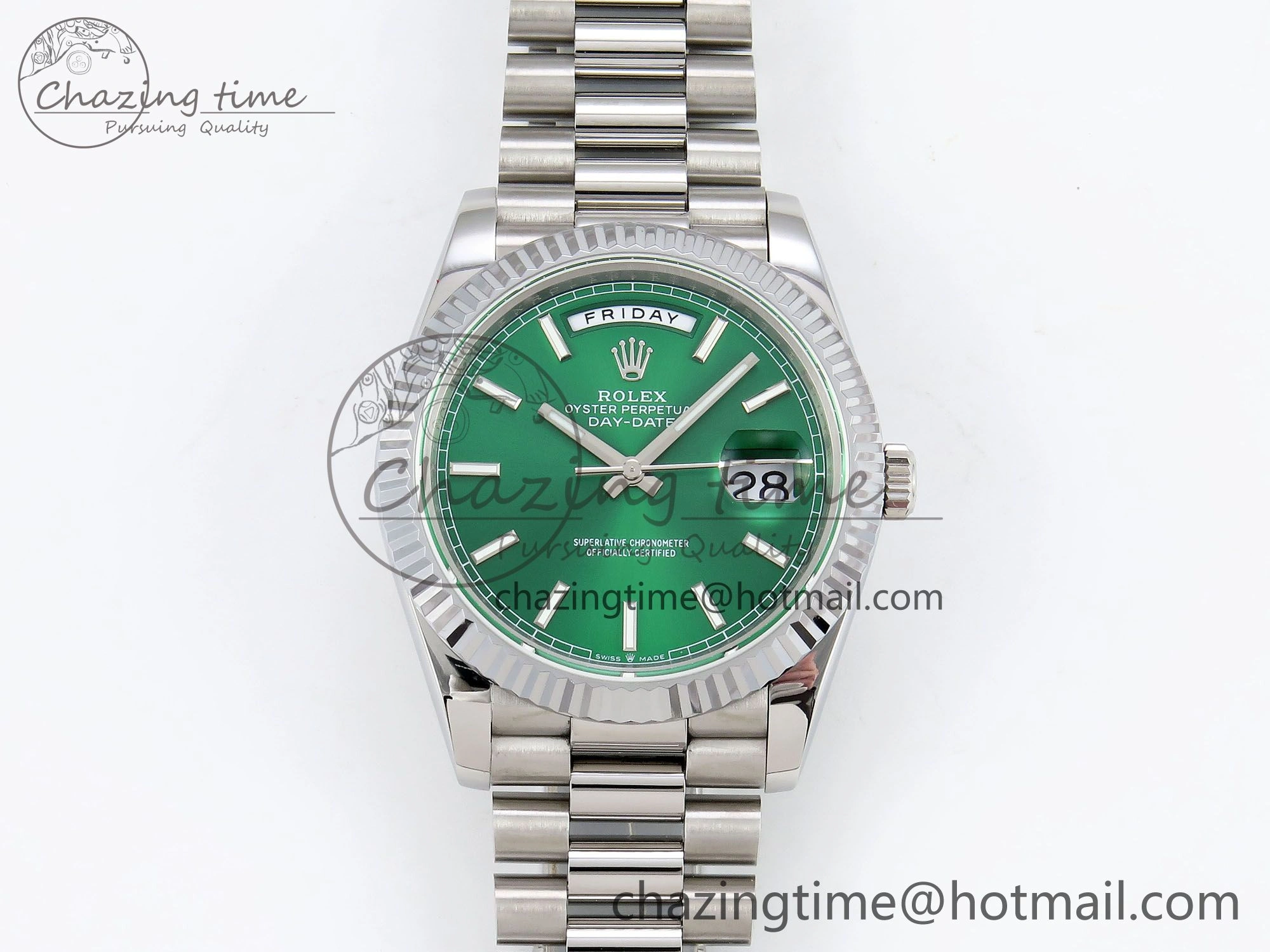 DayDate 40 SS JDF 904L Steel Light Green Stick Dial on President Bracelet VR3255 V3 (Gain Weight)