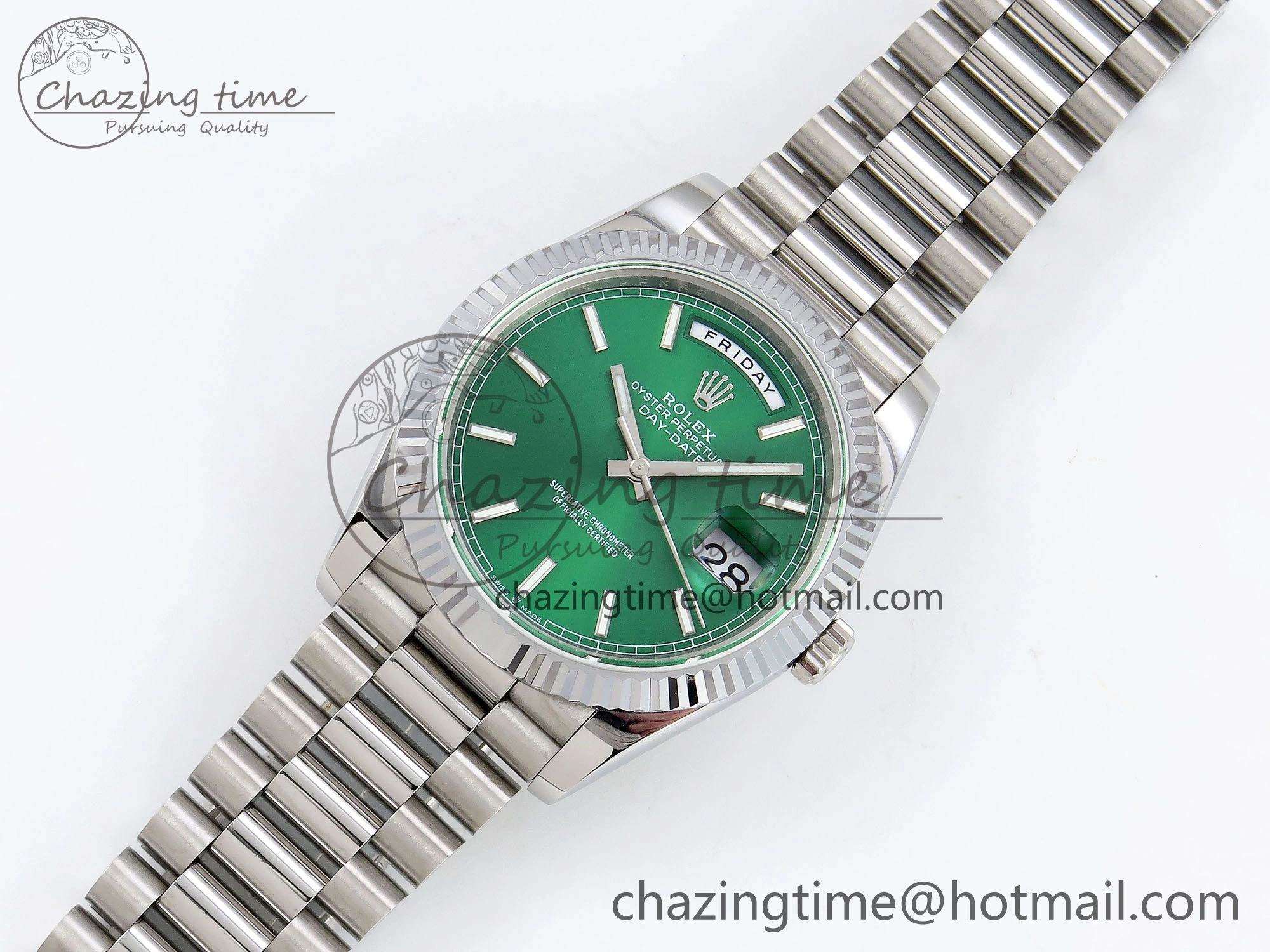 DayDate 40 SS JDF 904L Steel Light Green Stick Dial on President Bracelet VR3255 V3 (Gain Weight)