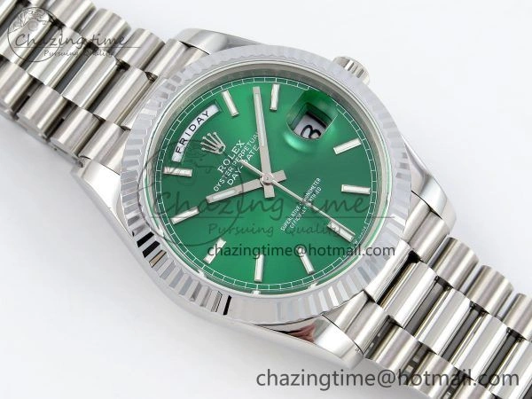 DayDate 40 SS JDF 904L Steel Light Green Stick Dial on President Bracelet VR3255 V3 (Gain Weight)