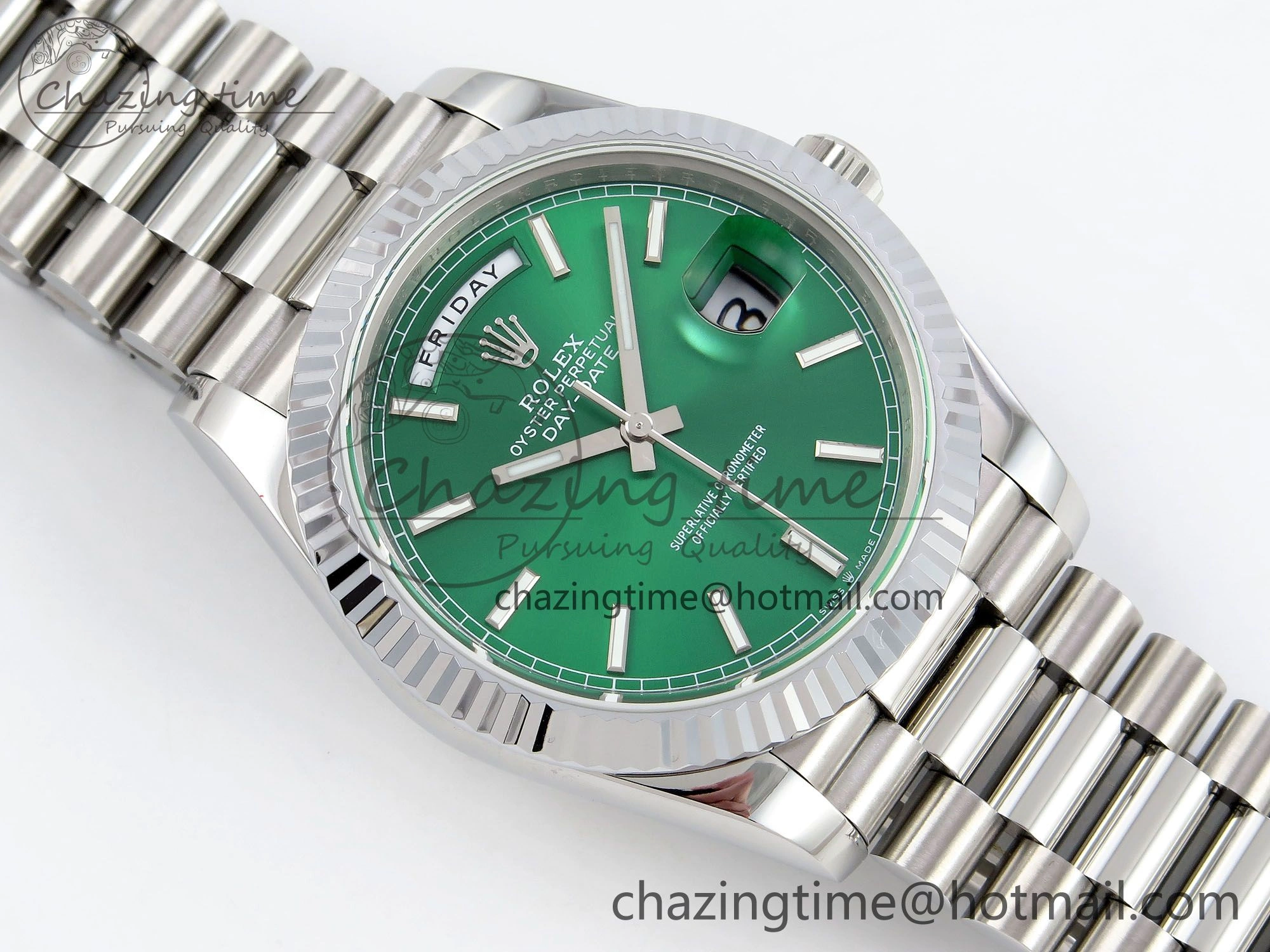 DayDate 40 SS JDF 904L Steel Light Green Stick Dial on President Bracelet VR3255 V3 (Gain Weight)