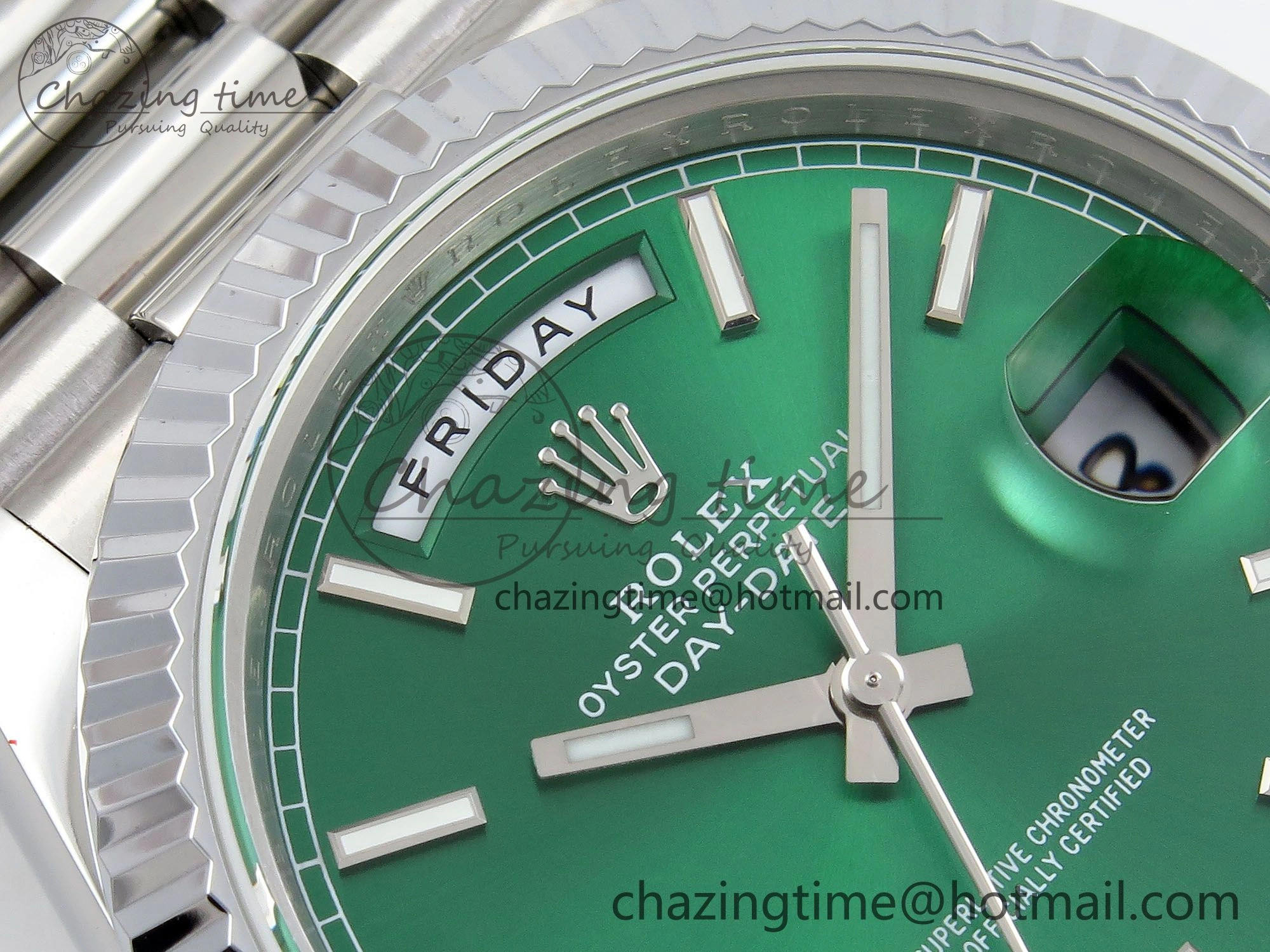 DayDate 40 SS JDF 904L Steel Light Green Stick Dial on President Bracelet VR3255 V3 (Gain Weight)