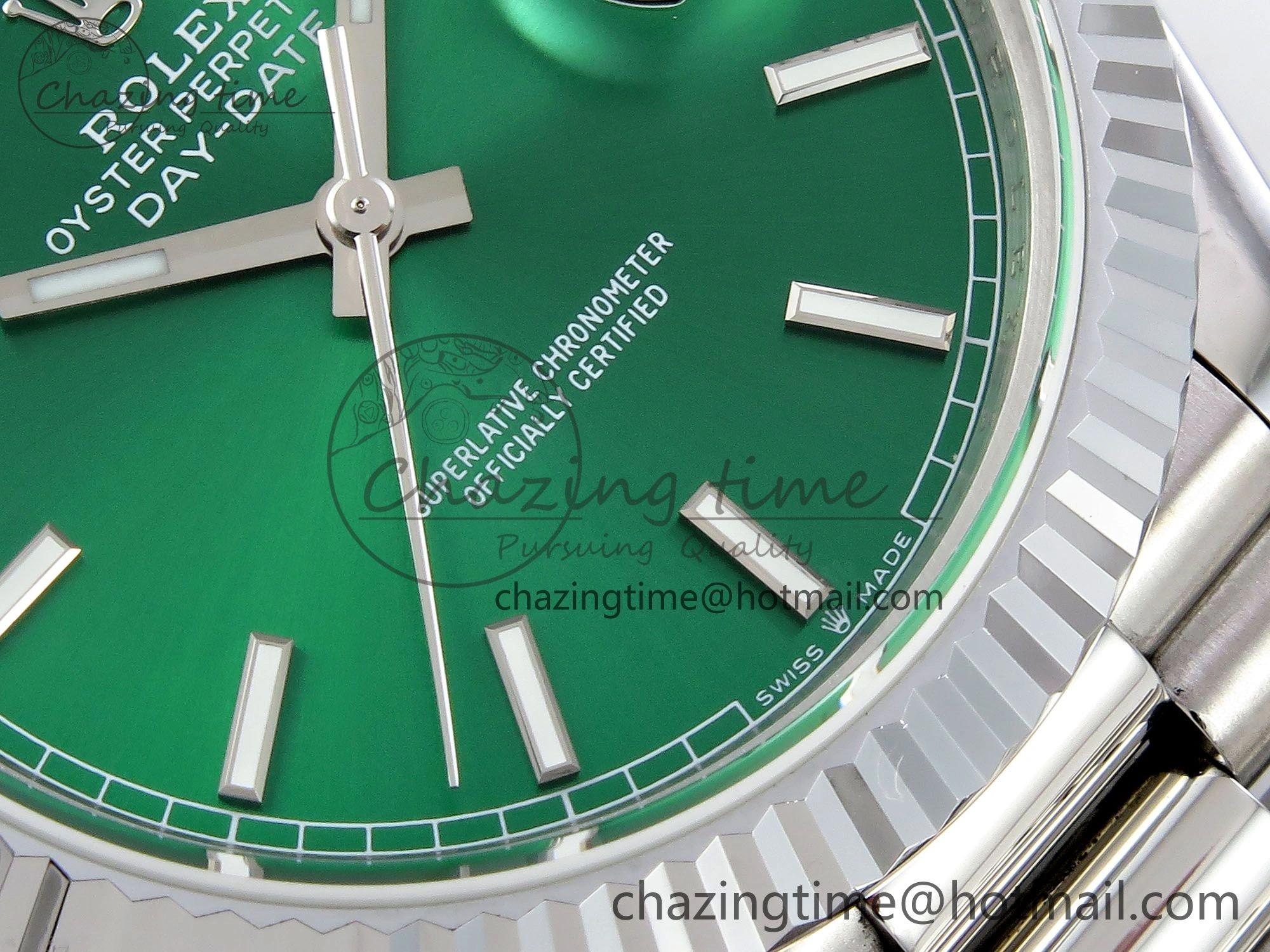 DayDate 40 SS JDF 904L Steel Light Green Stick Dial on President Bracelet VR3255 V3 (Gain Weight)