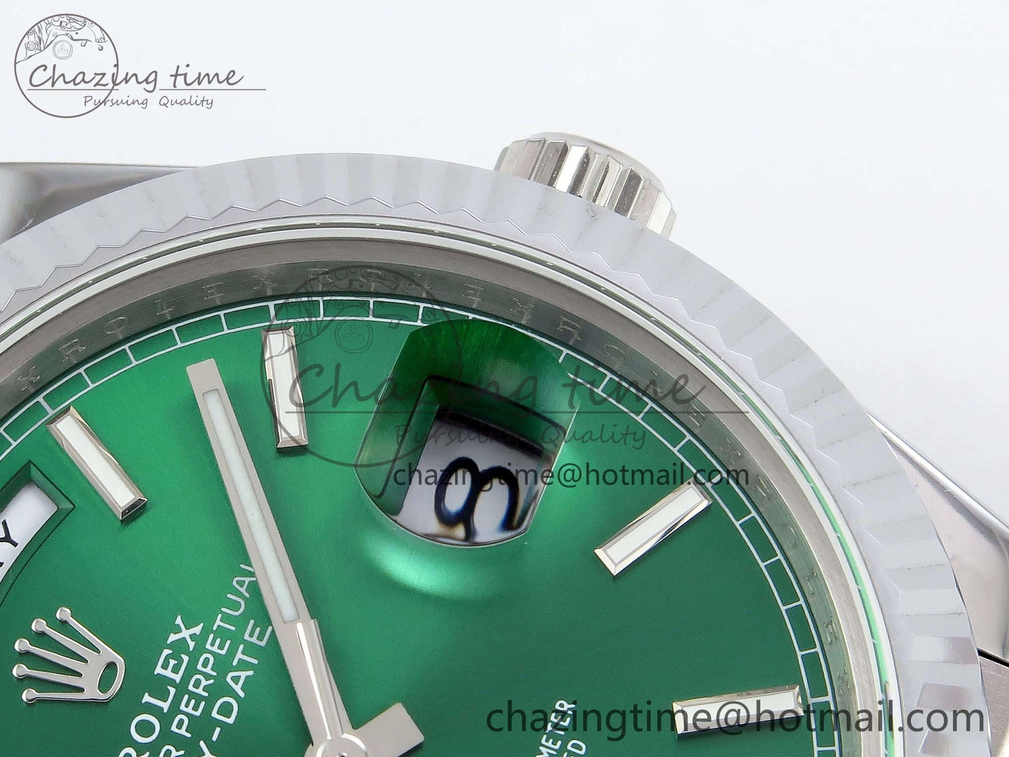 DayDate 40 SS JDF 904L Steel Light Green Stick Dial on President Bracelet VR3255 V3 (Gain Weight)