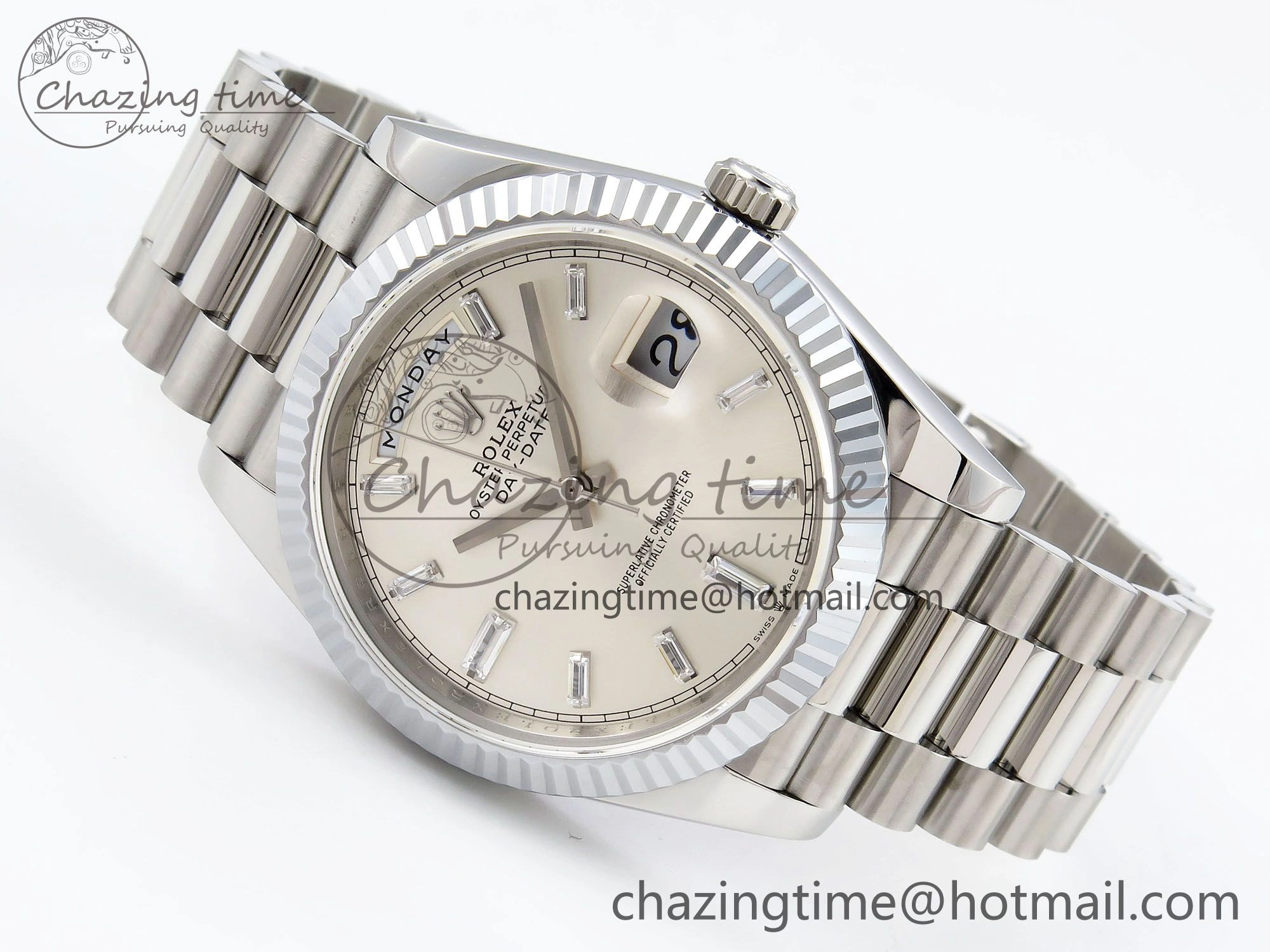 DayDate 40 SS JDF 904L Steel Silver Crystal Dial on President Bracelet VR3255 V3 (Gain Weight)